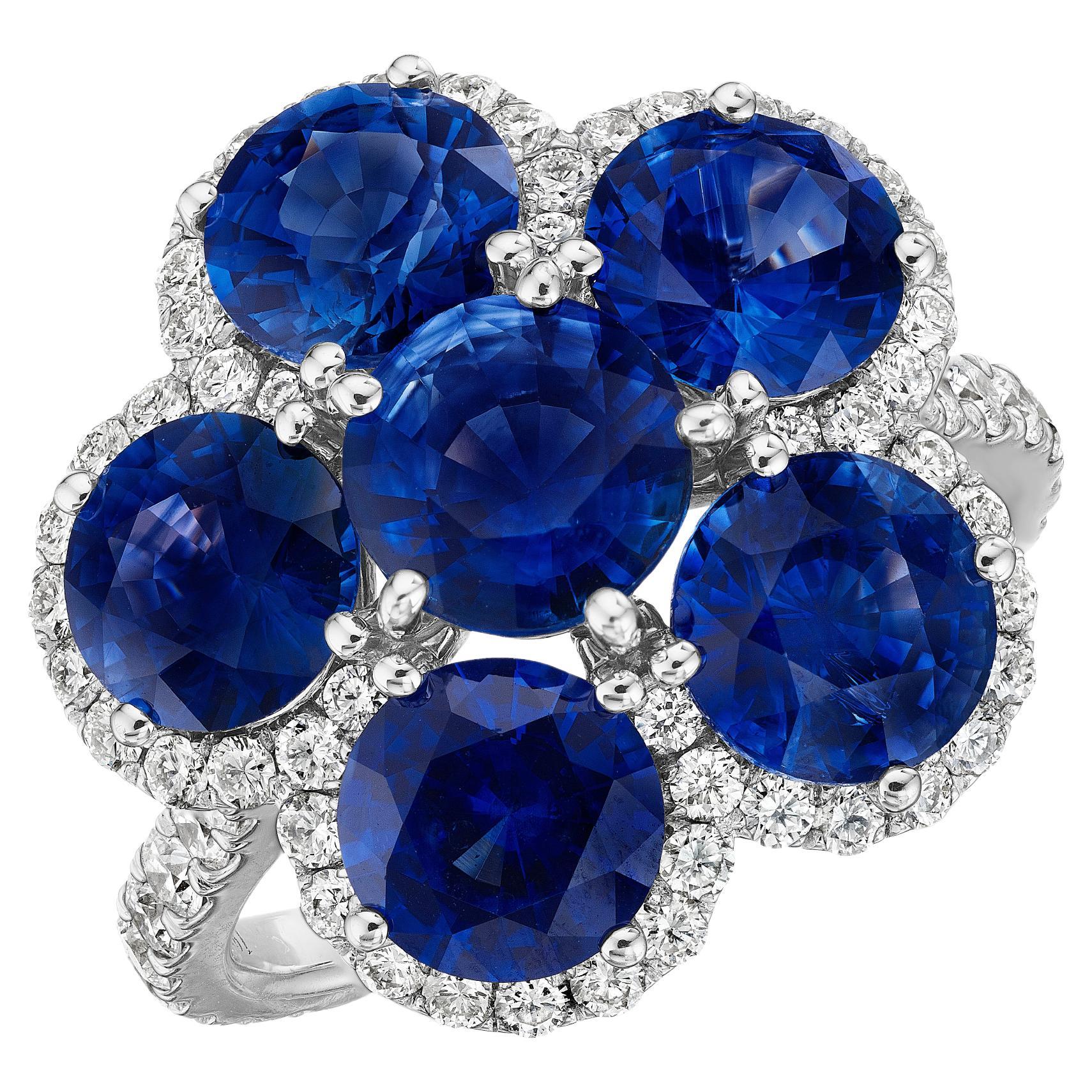 7.38ct Round Sapphire & Diamond Flower Cocktail Ring For Sale