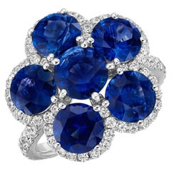 7.38ct Round Sapphire & Diamond Flower Cocktail Ring