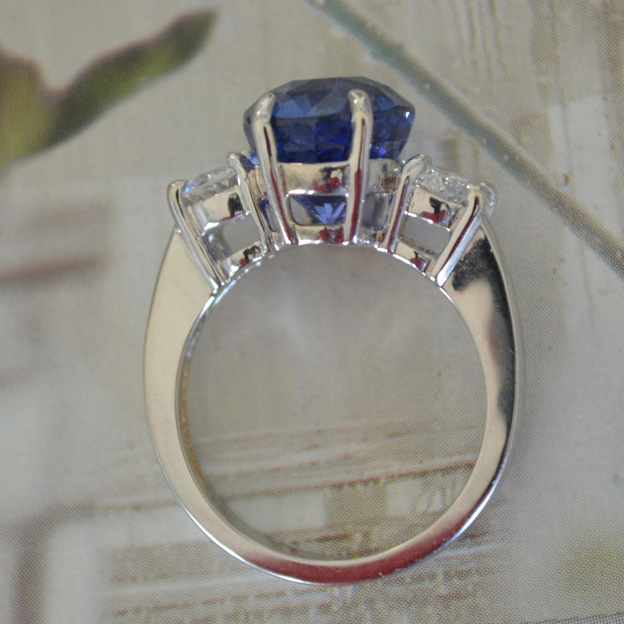 Women's 7.39 Carat Blue Sapphire 3-Stone Diamond Ring For Sale