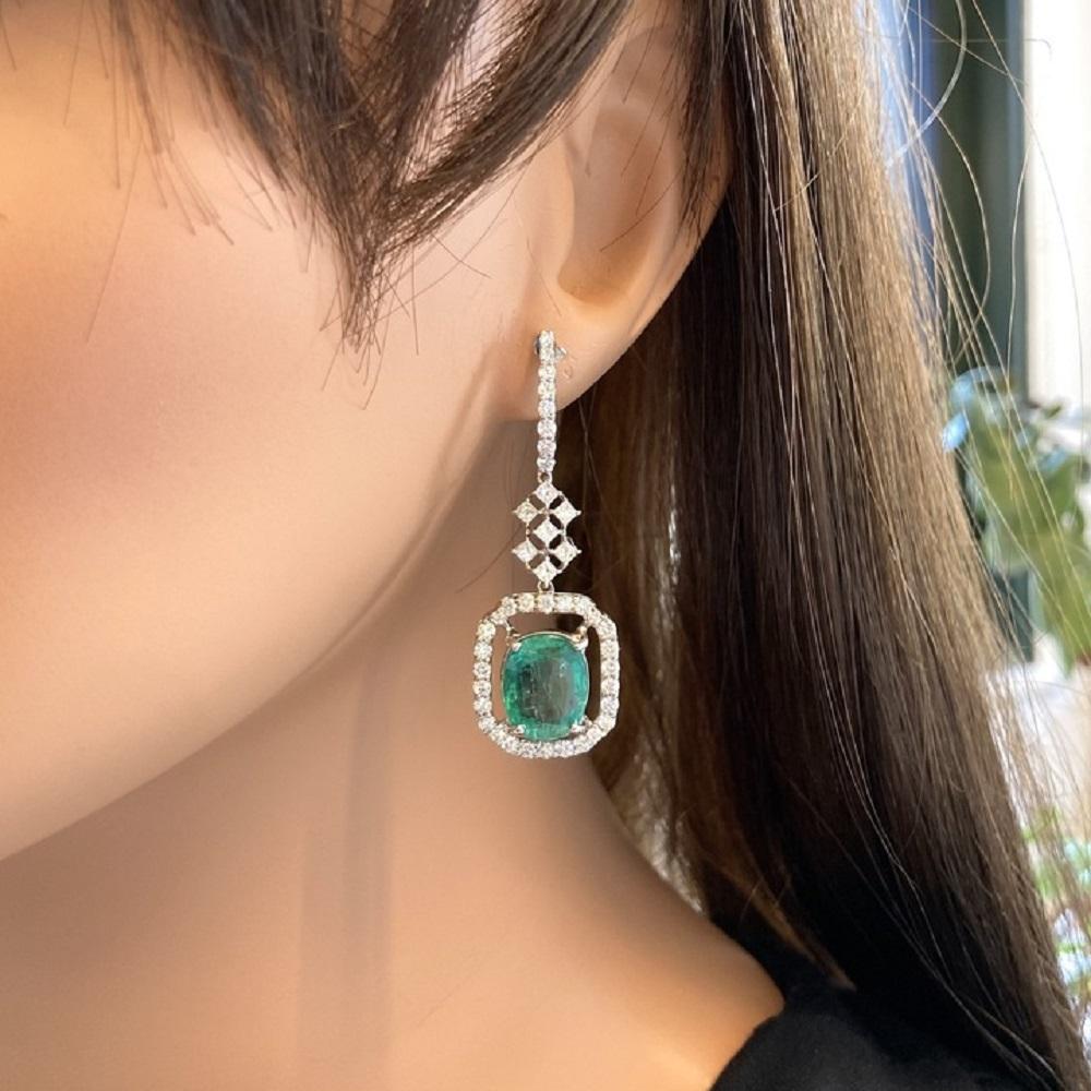 7.39 Carat Cushion Shape Emerald Fashion Earrings In 18k White Gold In New Condition For Sale In Chicago, IL