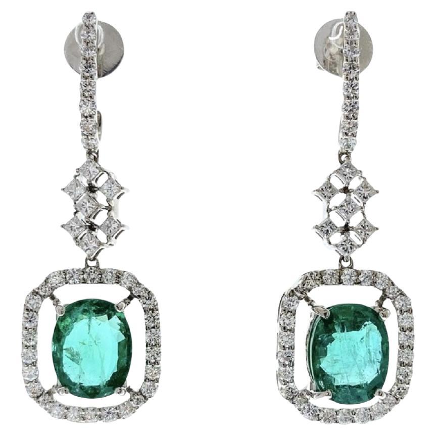 7.39 Carat Cushion Shape Emerald Fashion Earrings In 18k White Gold For Sale