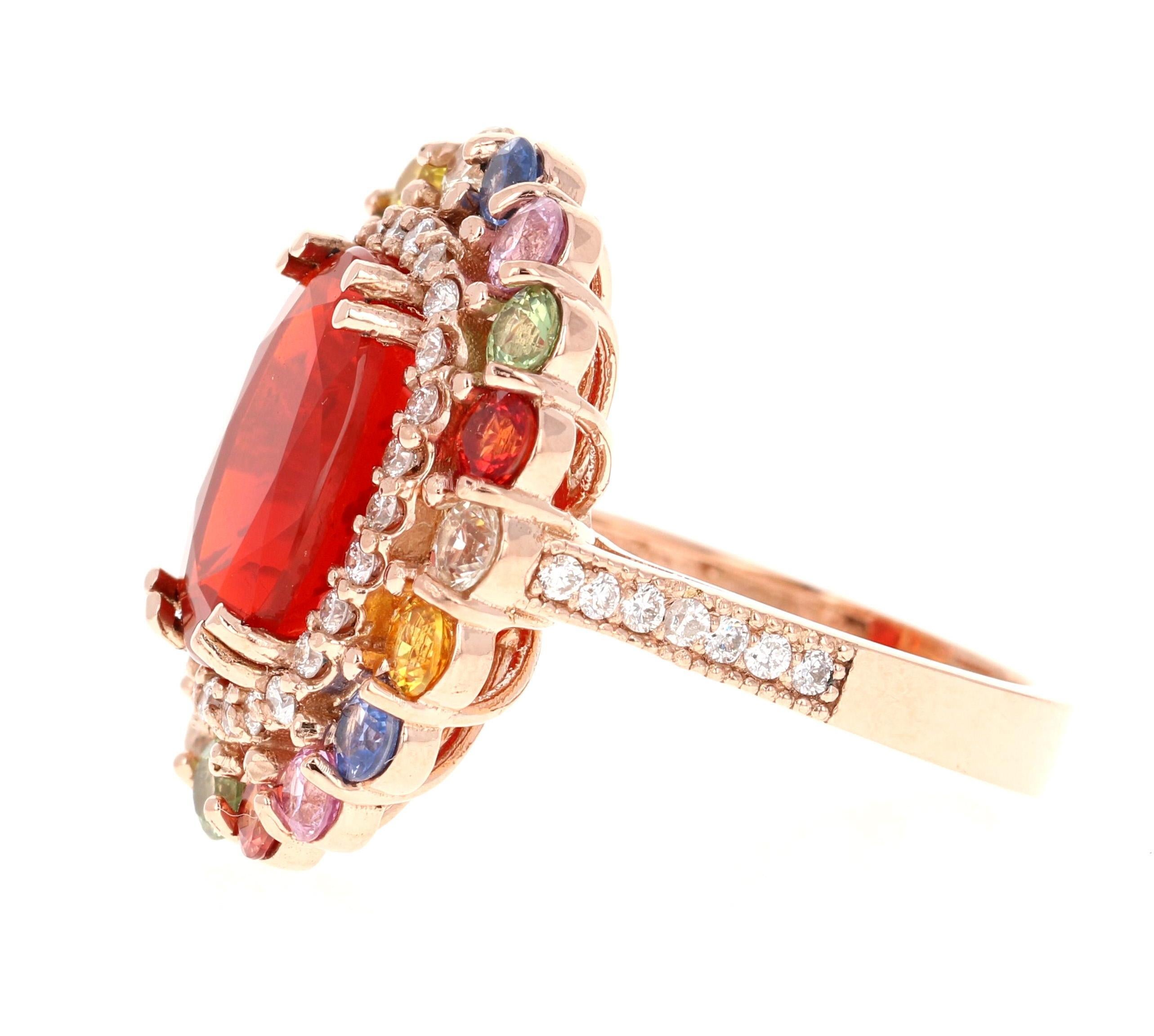Contemporary 7.39 Carat Fire Opal Sapphire Diamond Rose Gold Cocktail Ring For Sale