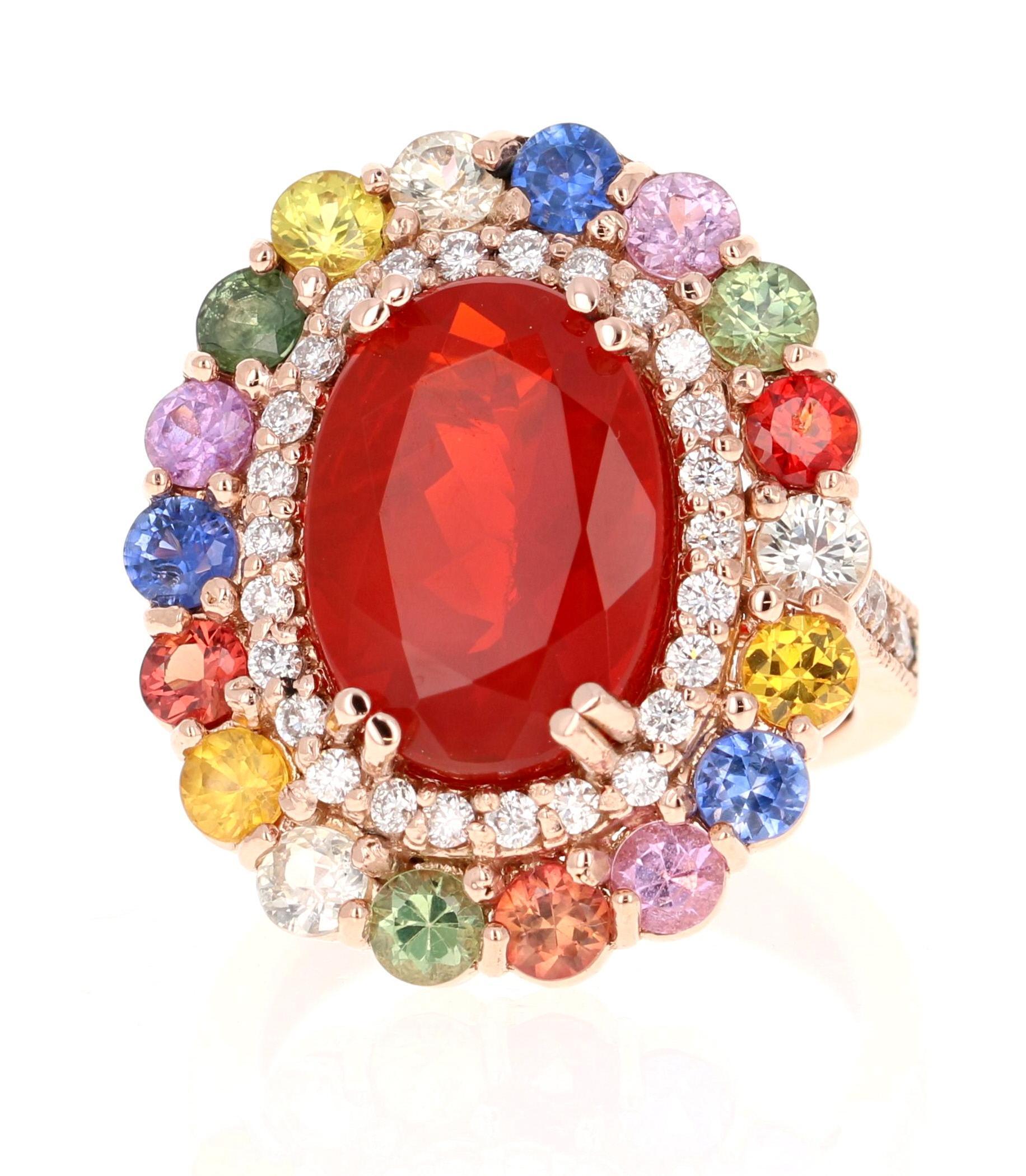 Oval Cut 7.39 Carat Fire Opal Sapphire Diamond Rose Gold Cocktail Ring For Sale