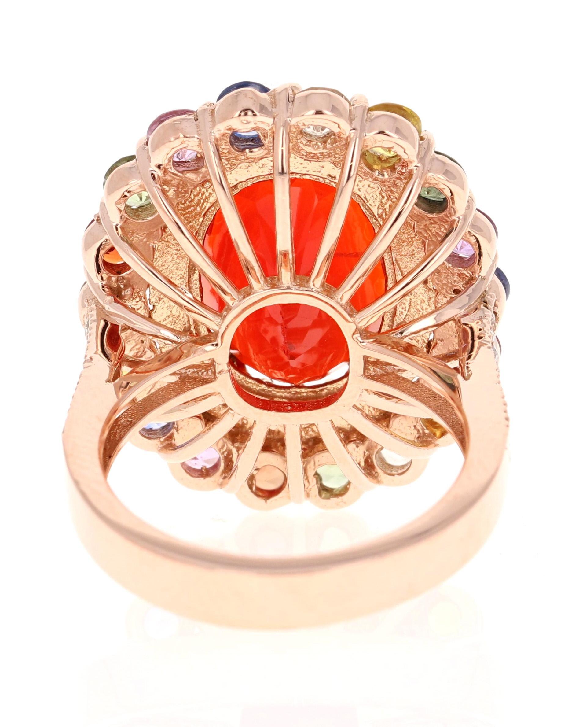 7.39 Carat Fire Opal Sapphire Diamond Rose Gold Cocktail Ring In New Condition For Sale In Los Angeles, CA