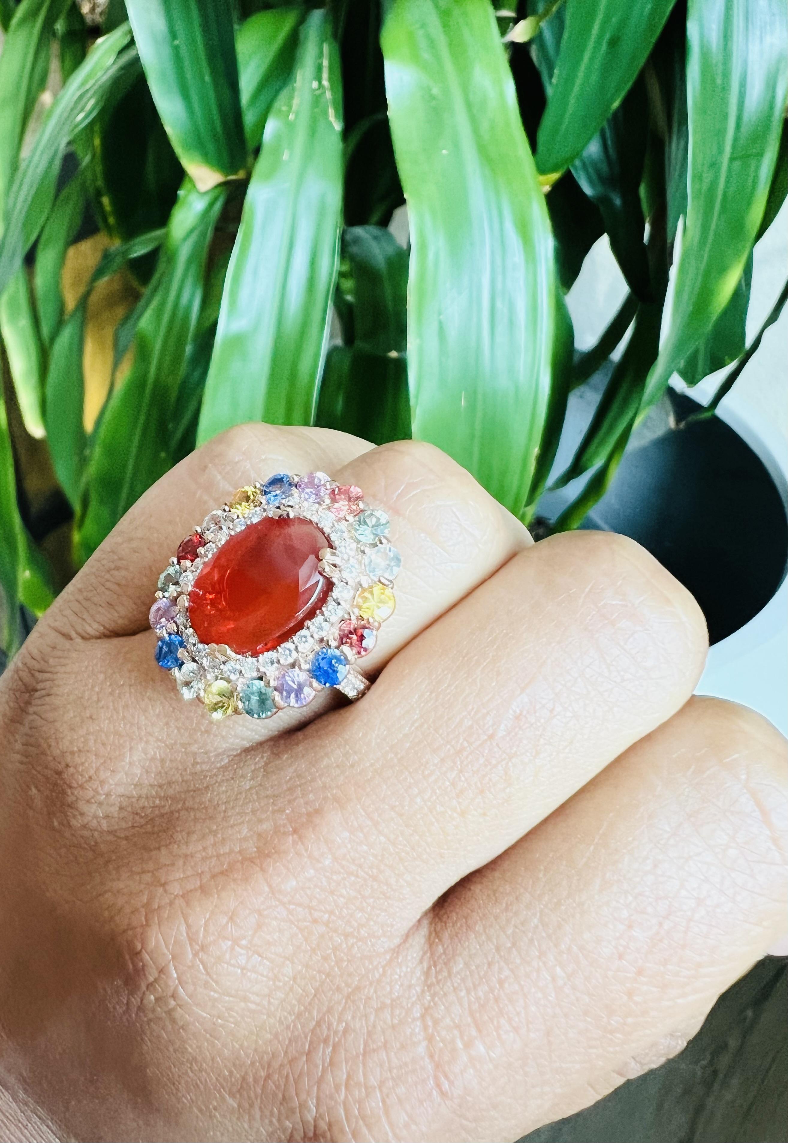 Women's 7.39 Carat Fire Opal Sapphire Diamond Rose Gold Cocktail Ring For Sale