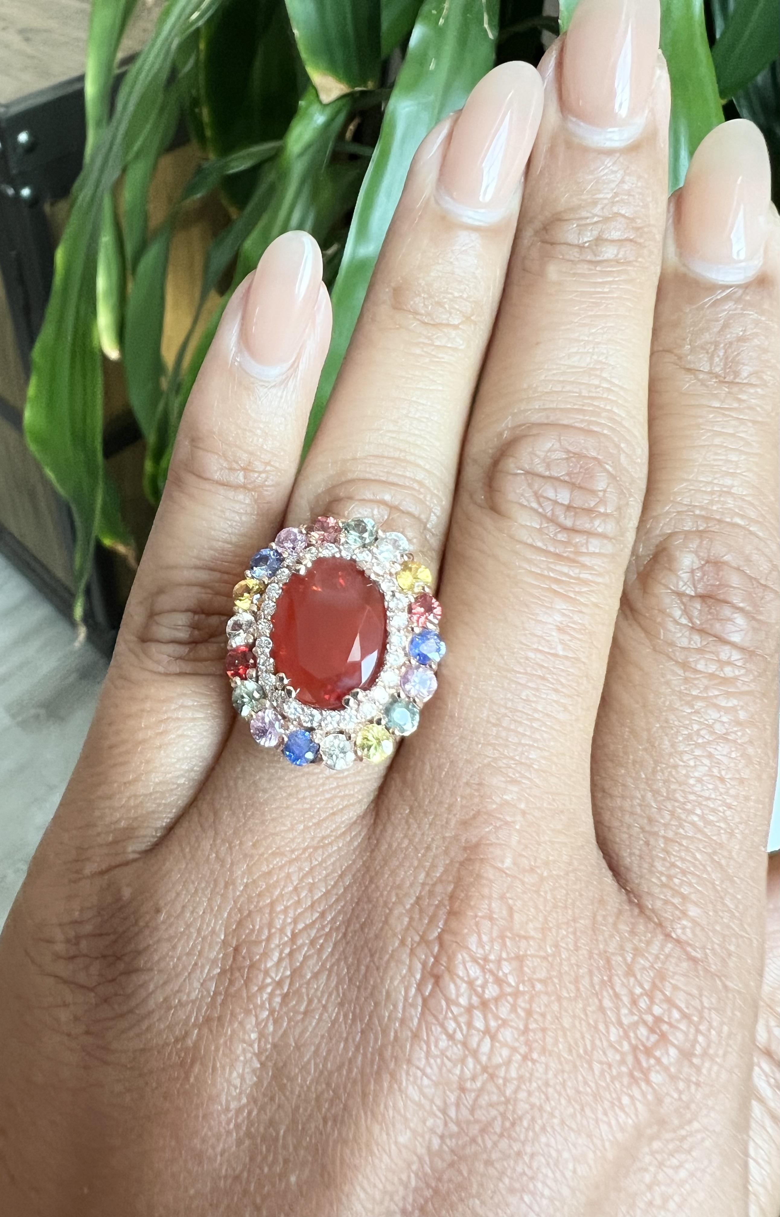 7.39 Carat Fire Opal Sapphire Diamond Rose Gold Cocktail Ring For Sale 1