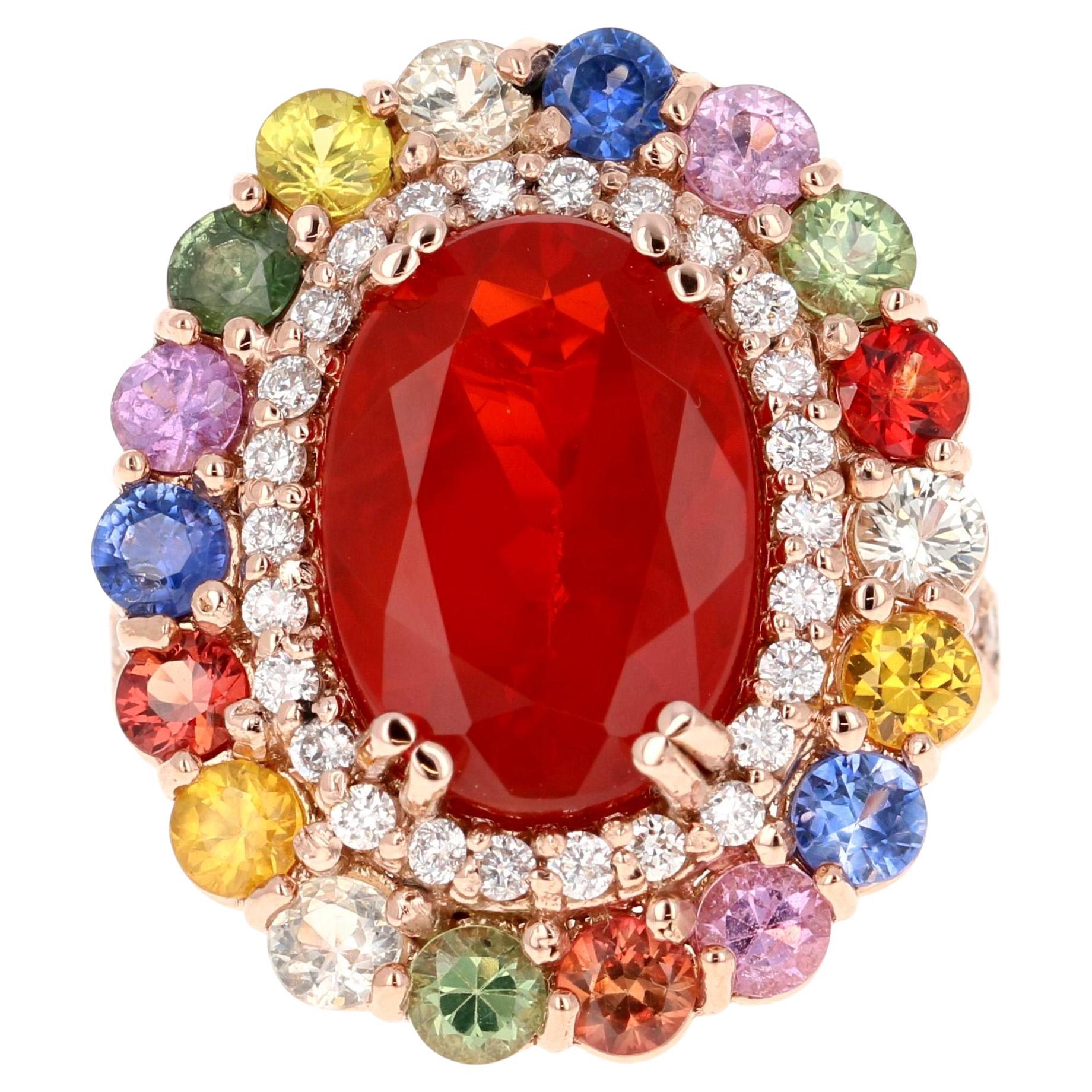 7.39 Carat Fire Opal Sapphire Diamond Rose Gold Cocktail Ring