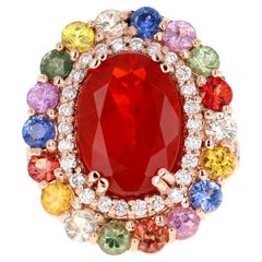 7.39 Carat Fire Opal Sapphire Diamond Rose Gold Cocktail Ring
