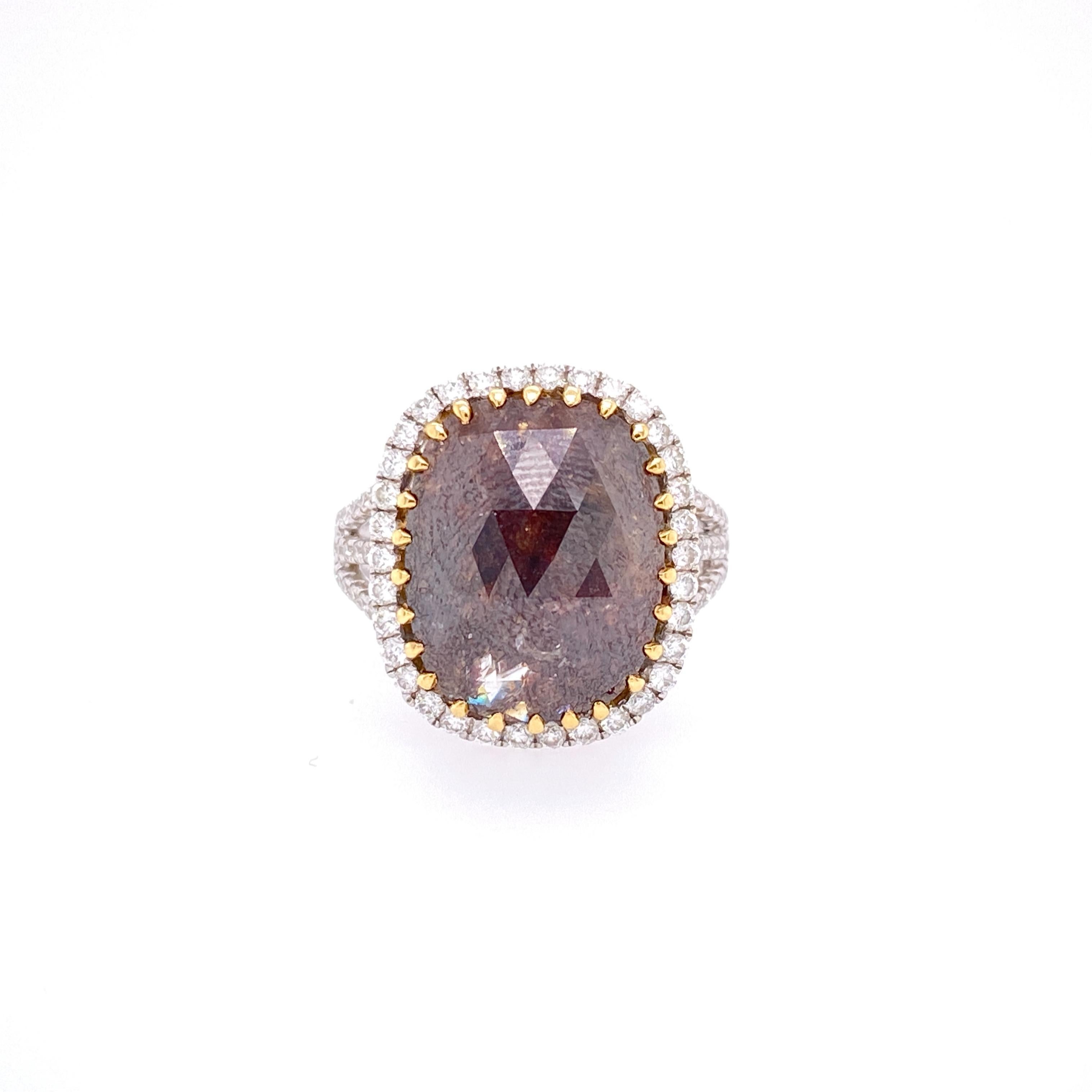 Cushion Cut 7.39 Carat Rose Cut Cushion Brown and White Diamond Cocktail Ring For Sale