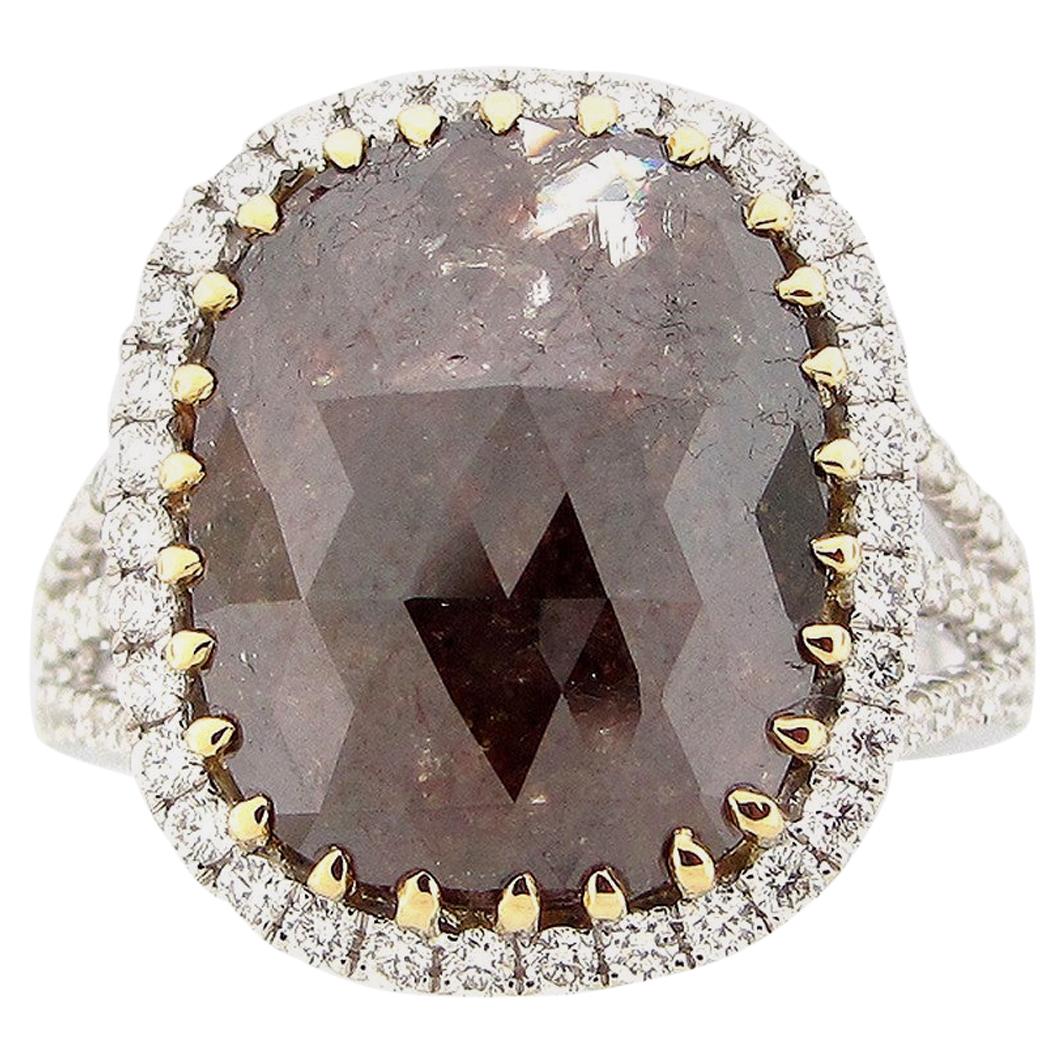 7.39 Carat Rose Cut Cushion Brown and White Diamond Cocktail Ring