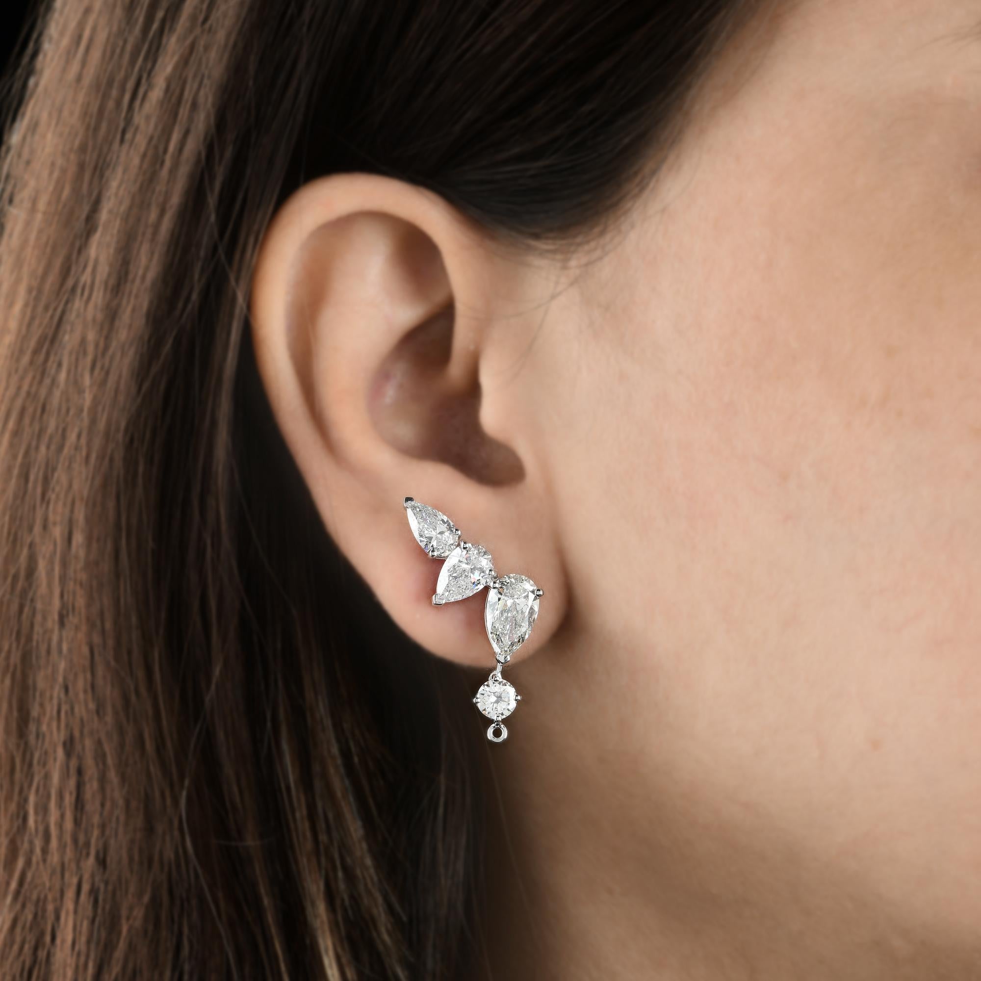 Modern 7.39 Carat SI/HI Pear Round Diamond Climber Earrings 18 Karat White Gold Jewelry For Sale