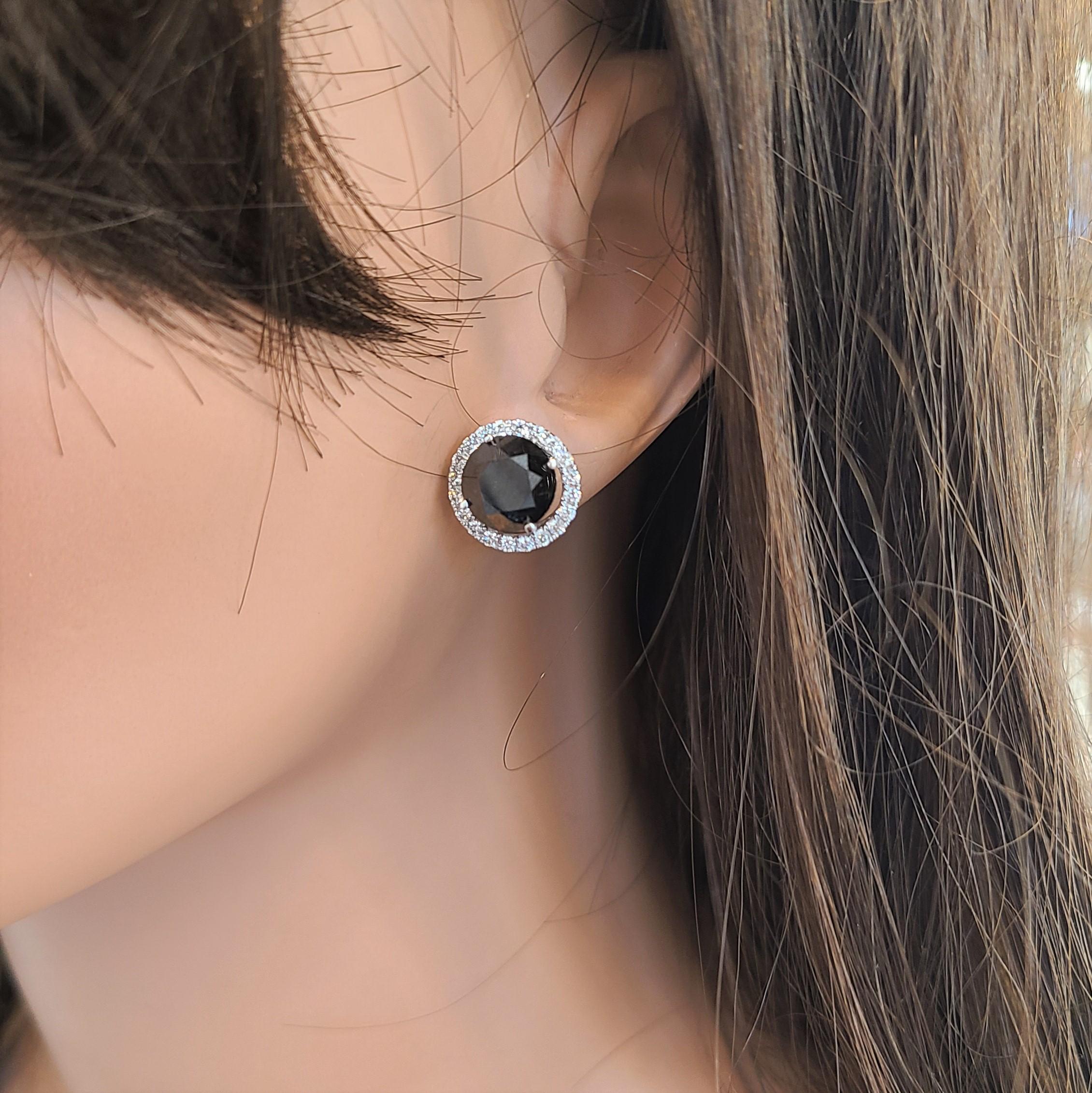 Round Cut 7.39 Carat Total Black Diamond Stud Earrings with Jackets in 14 Karat White Gold