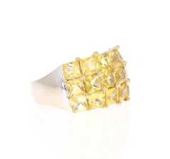 7.39 Ct Natural Yellow Sapphire Square Cut 14 Karat White Gold Statement Ring