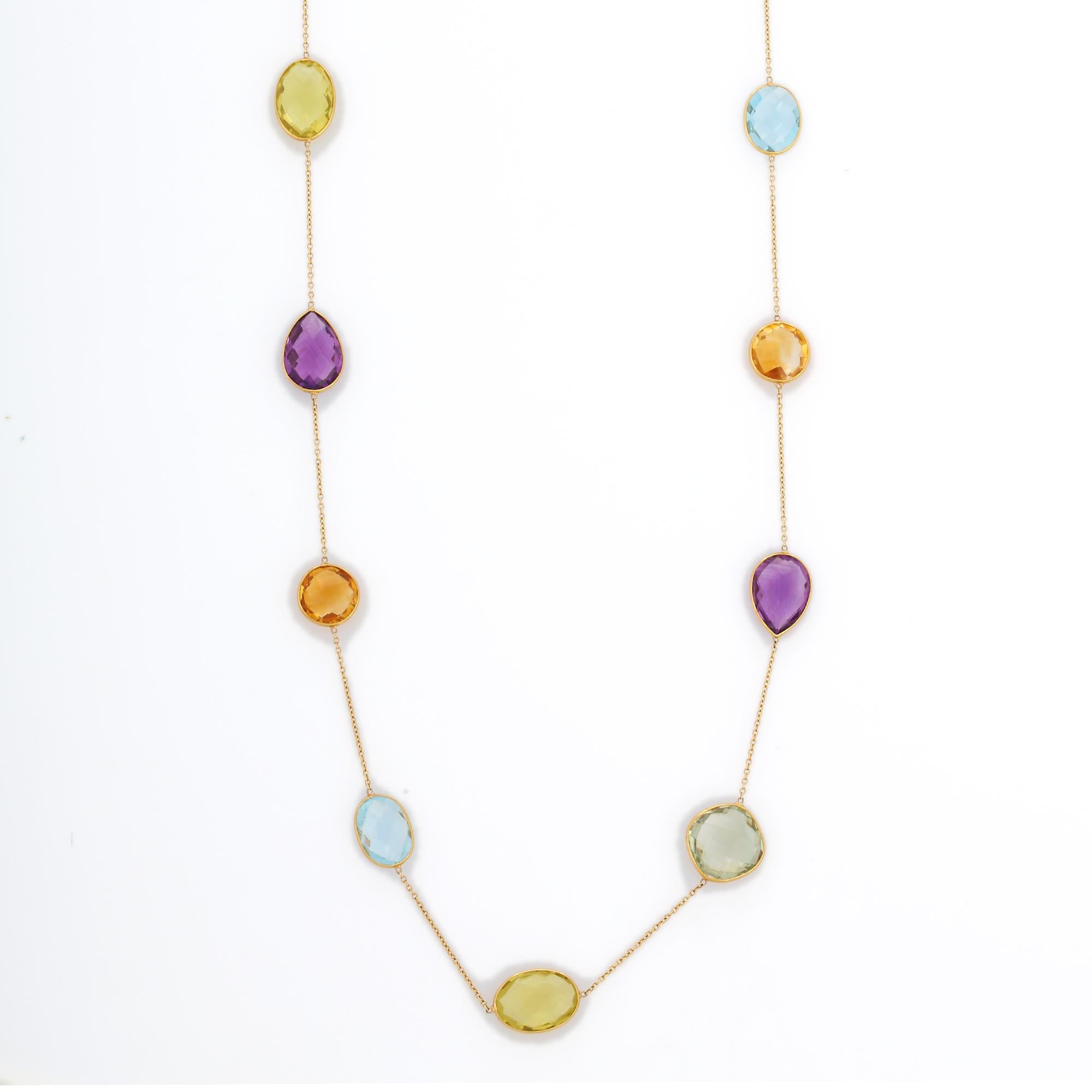 Multi Semi Precious Gemstone Chain Necklace in 18K Gold studded with mix cut multi gemstone.
Accessorize your look with this elegant semi multi gemstone chain necklace. This stunning piece of jewelry instantly elevates a casual look or dressy