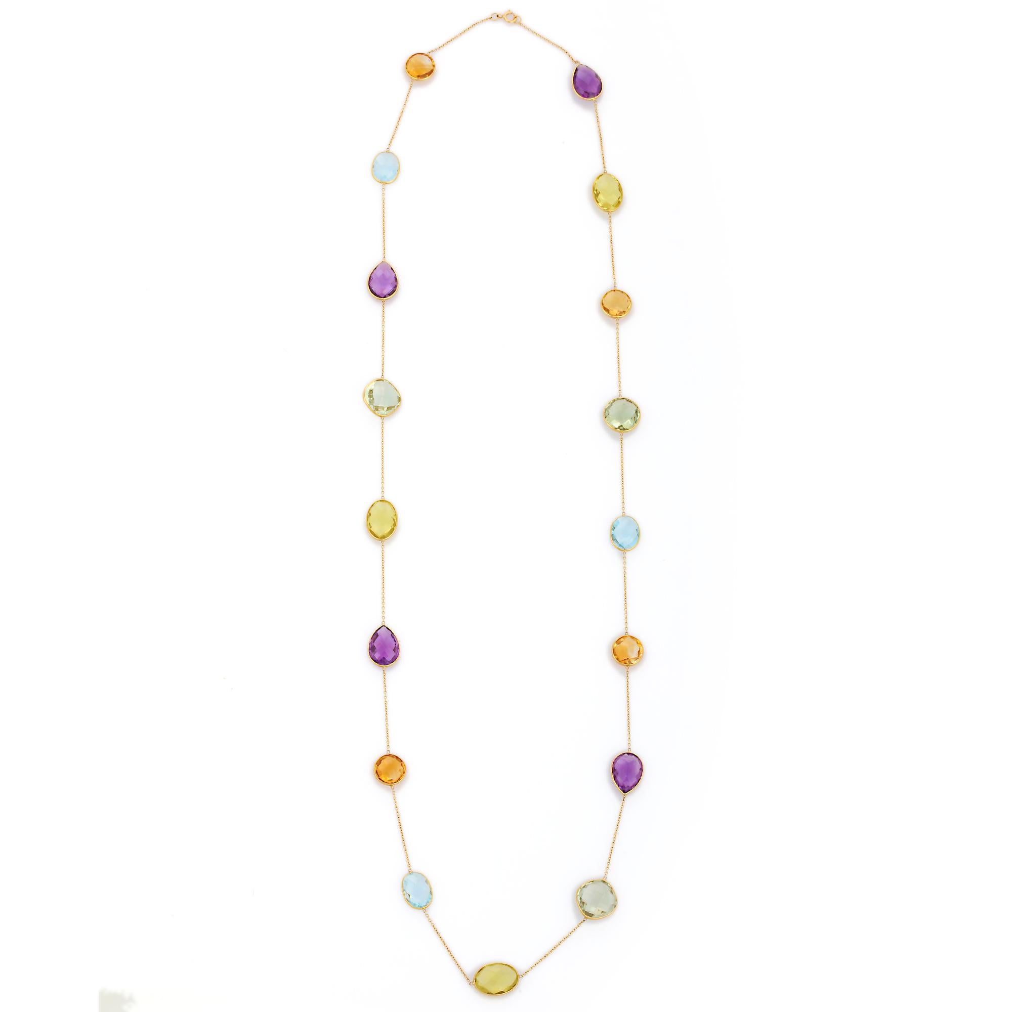 Modern 73.95 ct Multi Semi Precious Gemstone Necklace in 18K Solid Yellow Gold For Sale