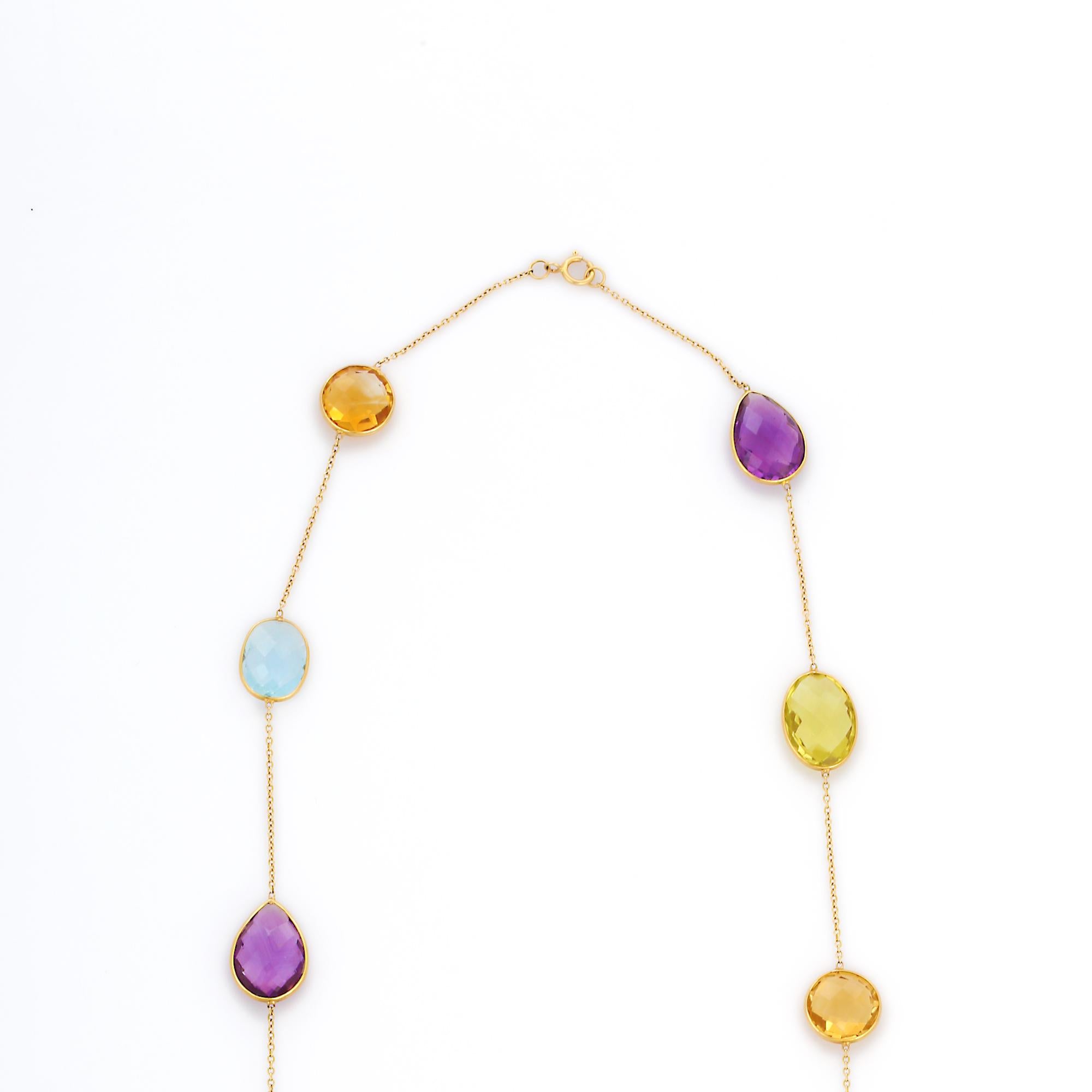 73.95 ct Multi Semi Precious Gemstone Necklace in 18K Solid Yellow Gold In New Condition For Sale In Houston, TX