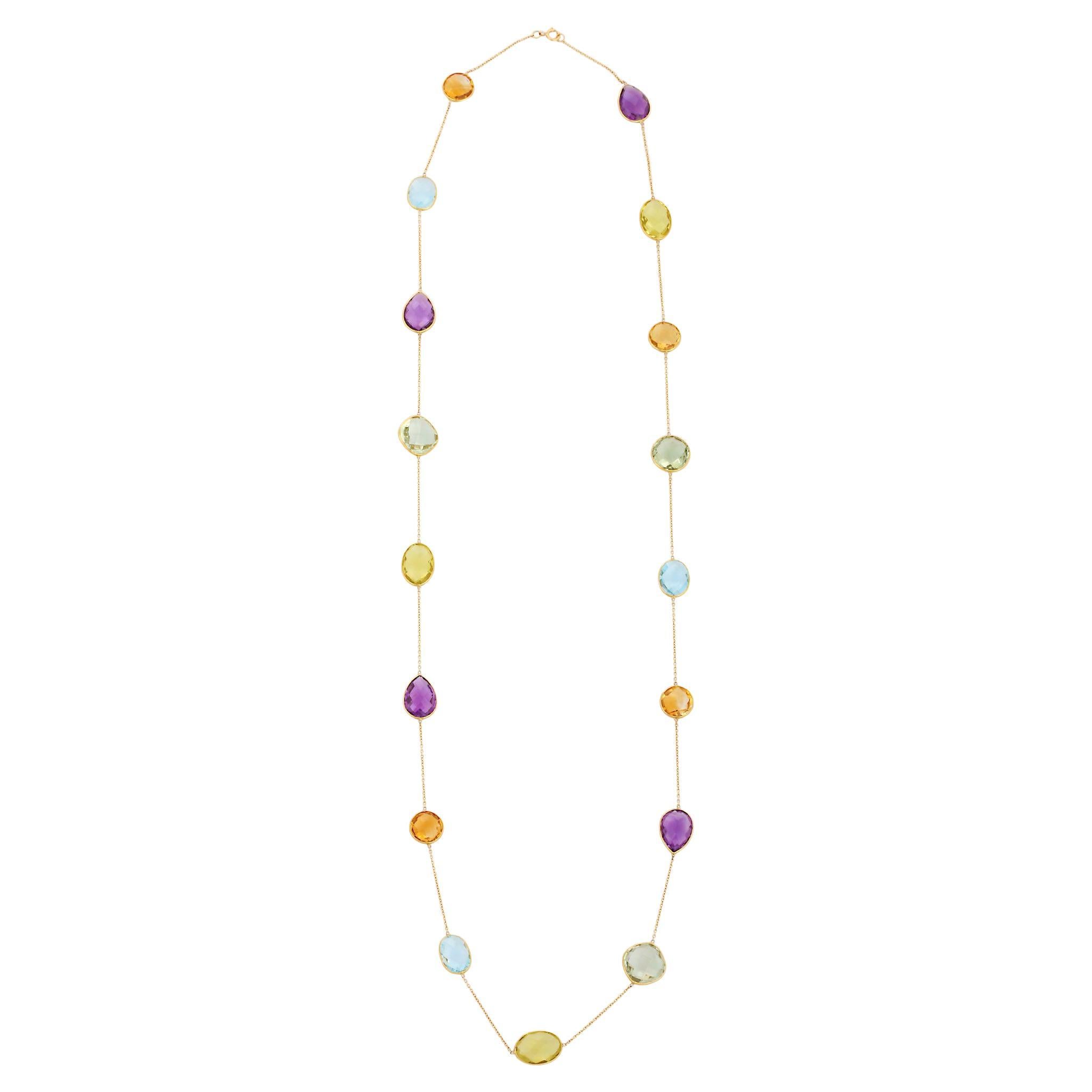 73.95 ct Multi Semi Precious Gemstone Necklace in 18K Solid Yellow Gold For Sale