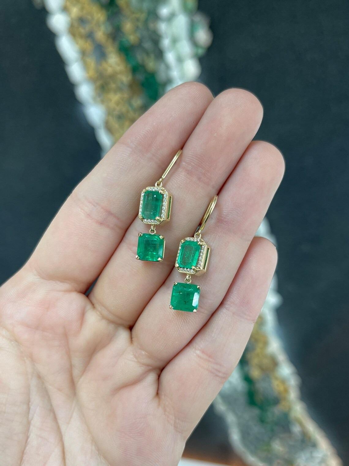 Renaissance 7.39tcw 14K Emerald Cut Emerald & Diamond Halo Asscher Emerald Dangle Earrings For Sale