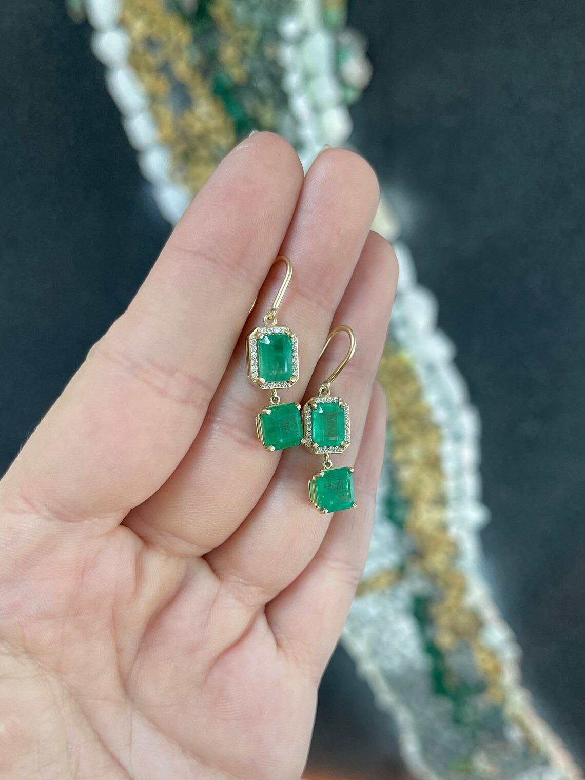 7.39tcw 14K Emerald Cut Emerald & Diamond Halo Asscher Emerald Dangle Earrings In New Condition For Sale In Jupiter, FL