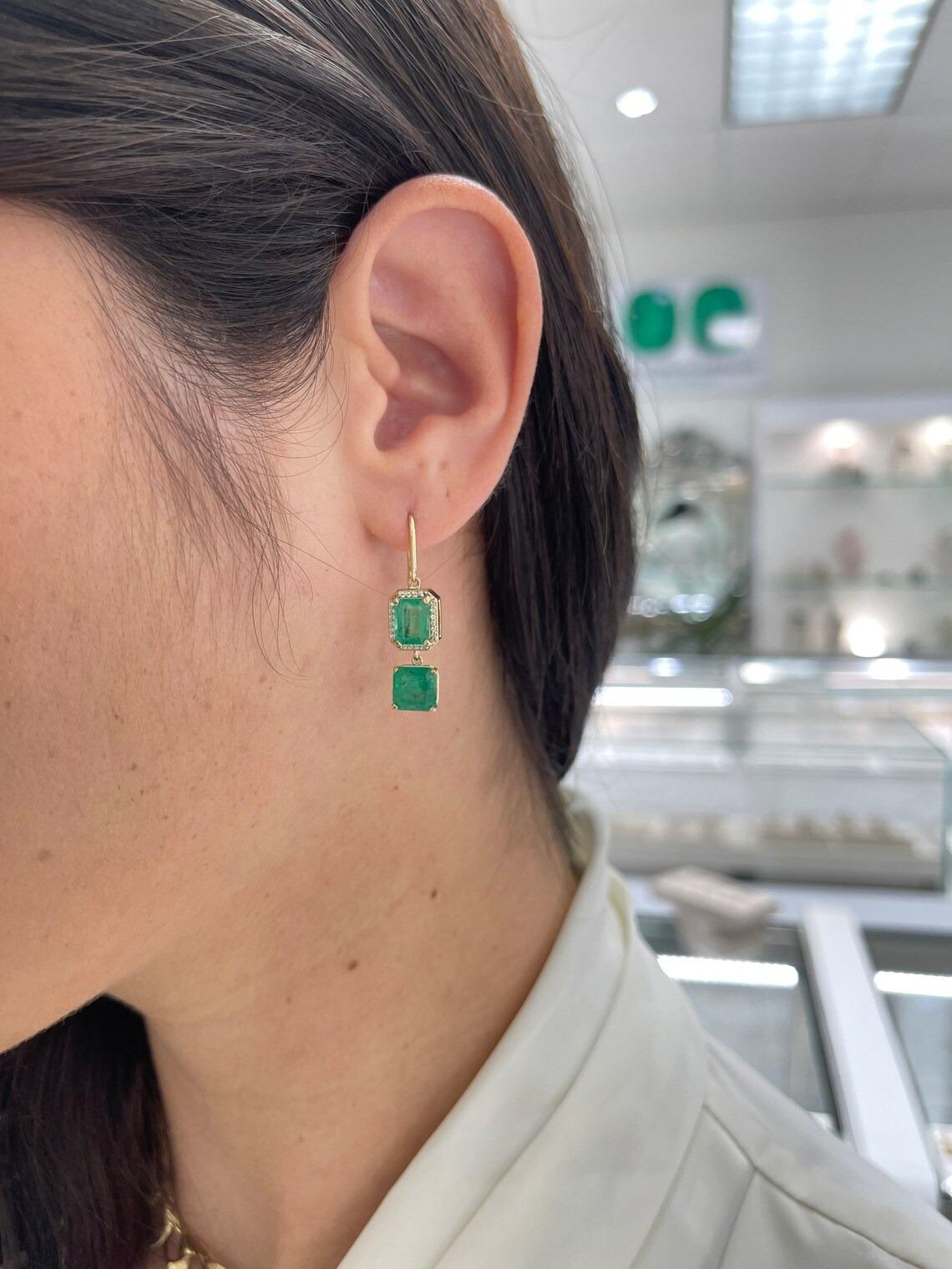 Women's 7.39tcw 14K Emerald Cut Emerald & Diamond Halo Asscher Emerald Dangle Earrings For Sale