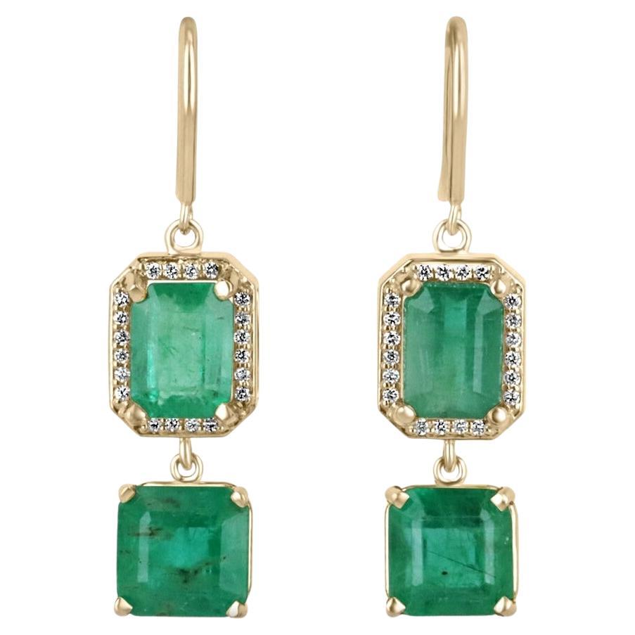 7.39tcw 14K Emerald Cut Emerald & Diamond Halo Asscher Emerald Dangle Earrings For Sale