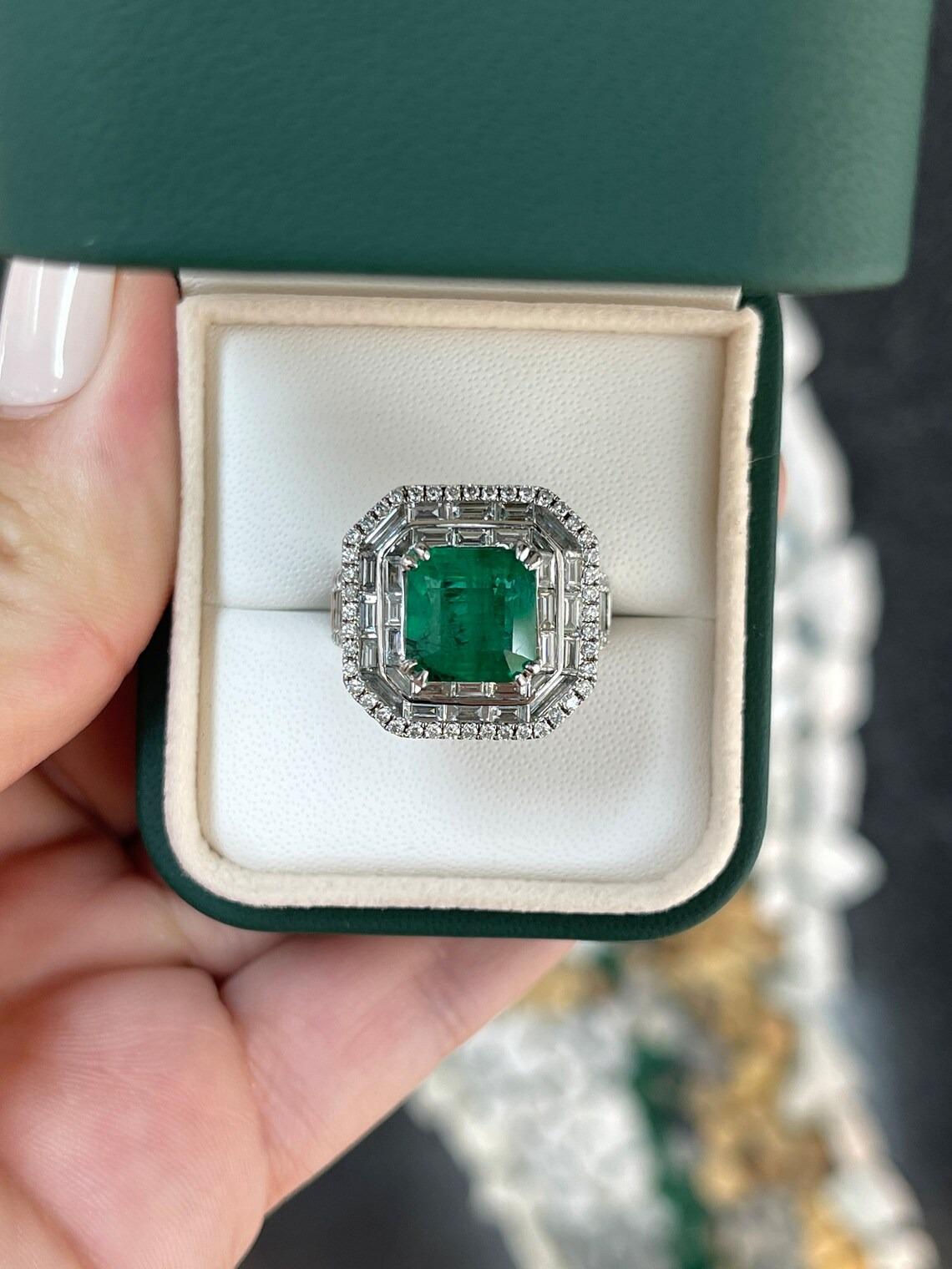 Modern 7.39tcw 18K White Gold Emerald & Triple Diamond Halo Statement Engagement Ring For Sale