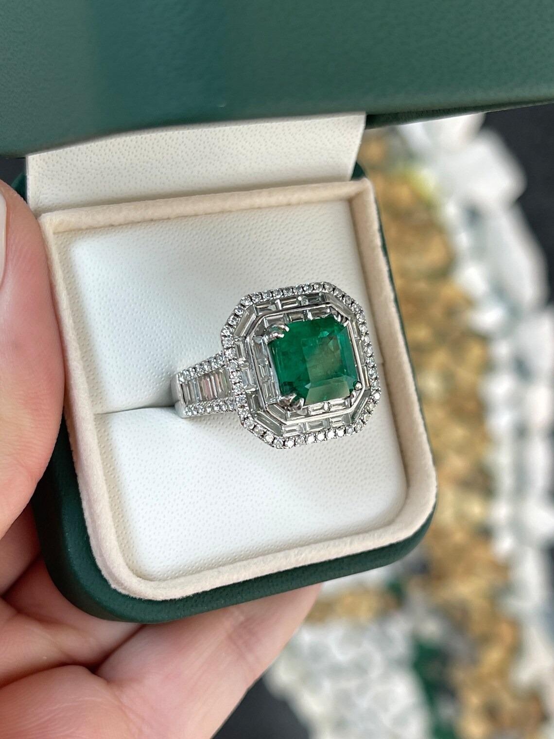 Asscher Cut 7.39tcw 18K White Gold Emerald & Triple Diamond Halo Statement Engagement Ring For Sale
