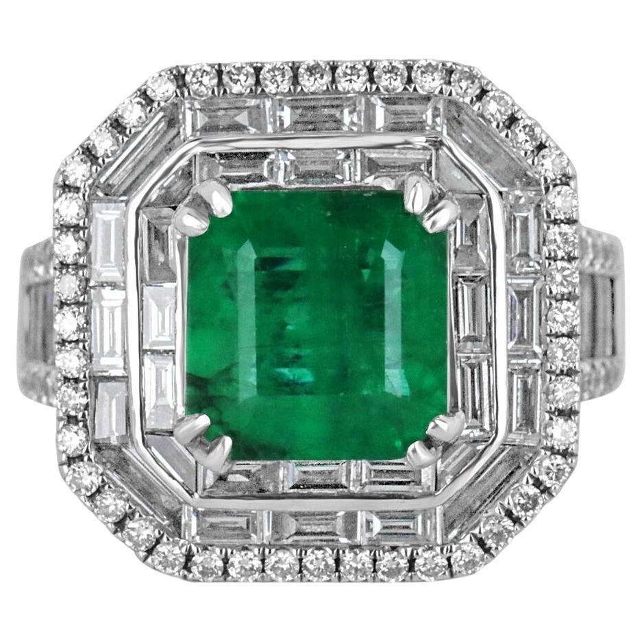 7.39tcw 18K White Gold Emerald & Triple Diamond Halo Statement Engagement Ring For Sale