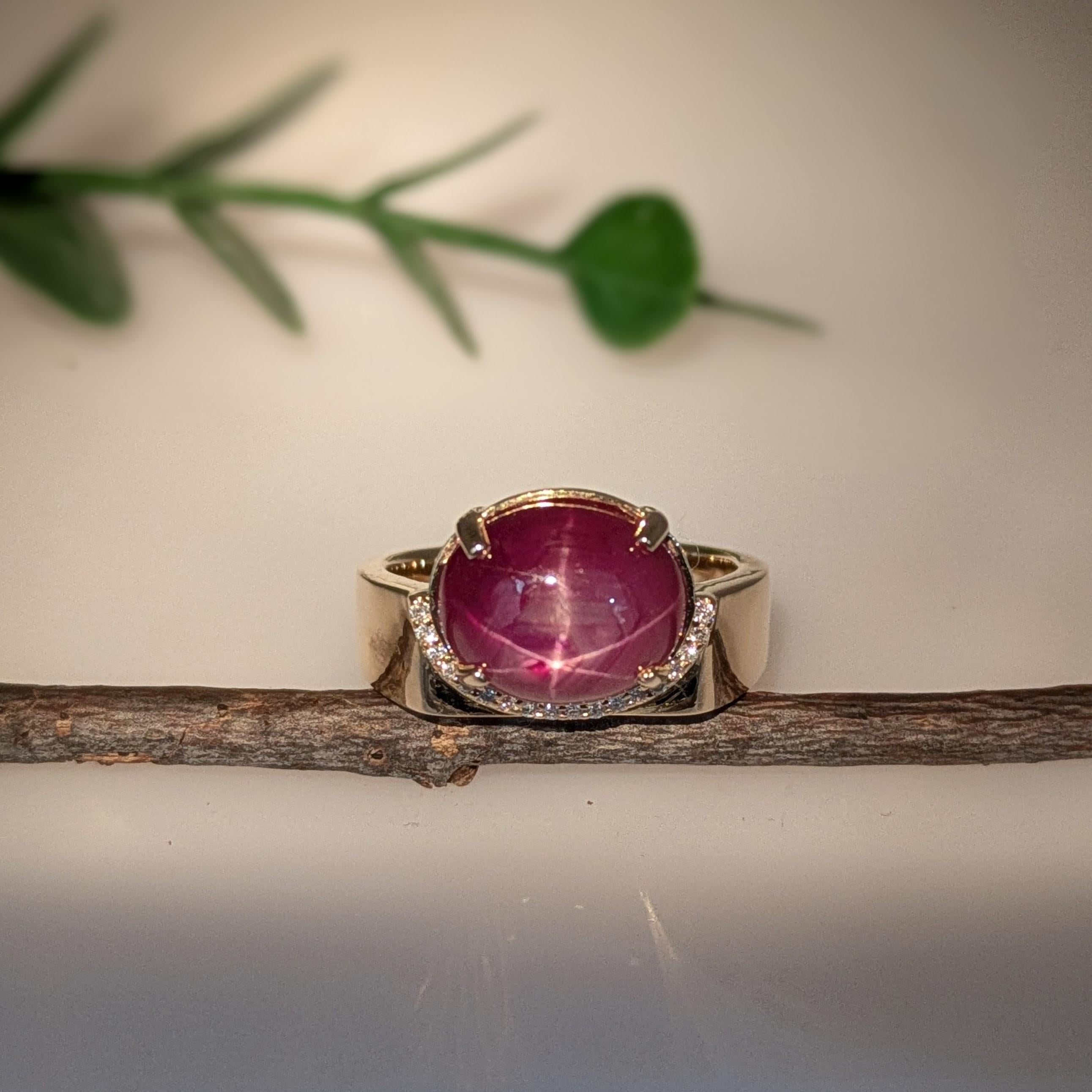 Art Deco 7.3ct Star Ruby Ring w Natural Diamond Accents in Solid 14K Gold  OV 10.5x9.6mm