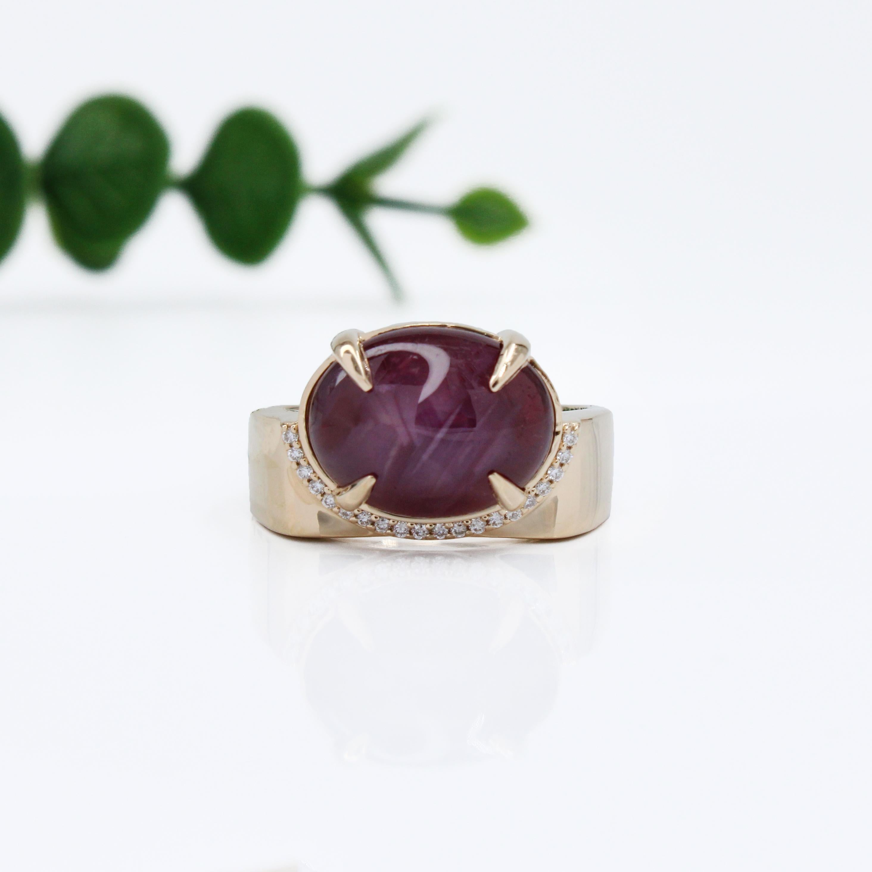 7.3ct Star Ruby Ring w Natural Diamond Accents in Solid 14K Gold  OV 10.5x9.6mm In New Condition In Columbus, OH