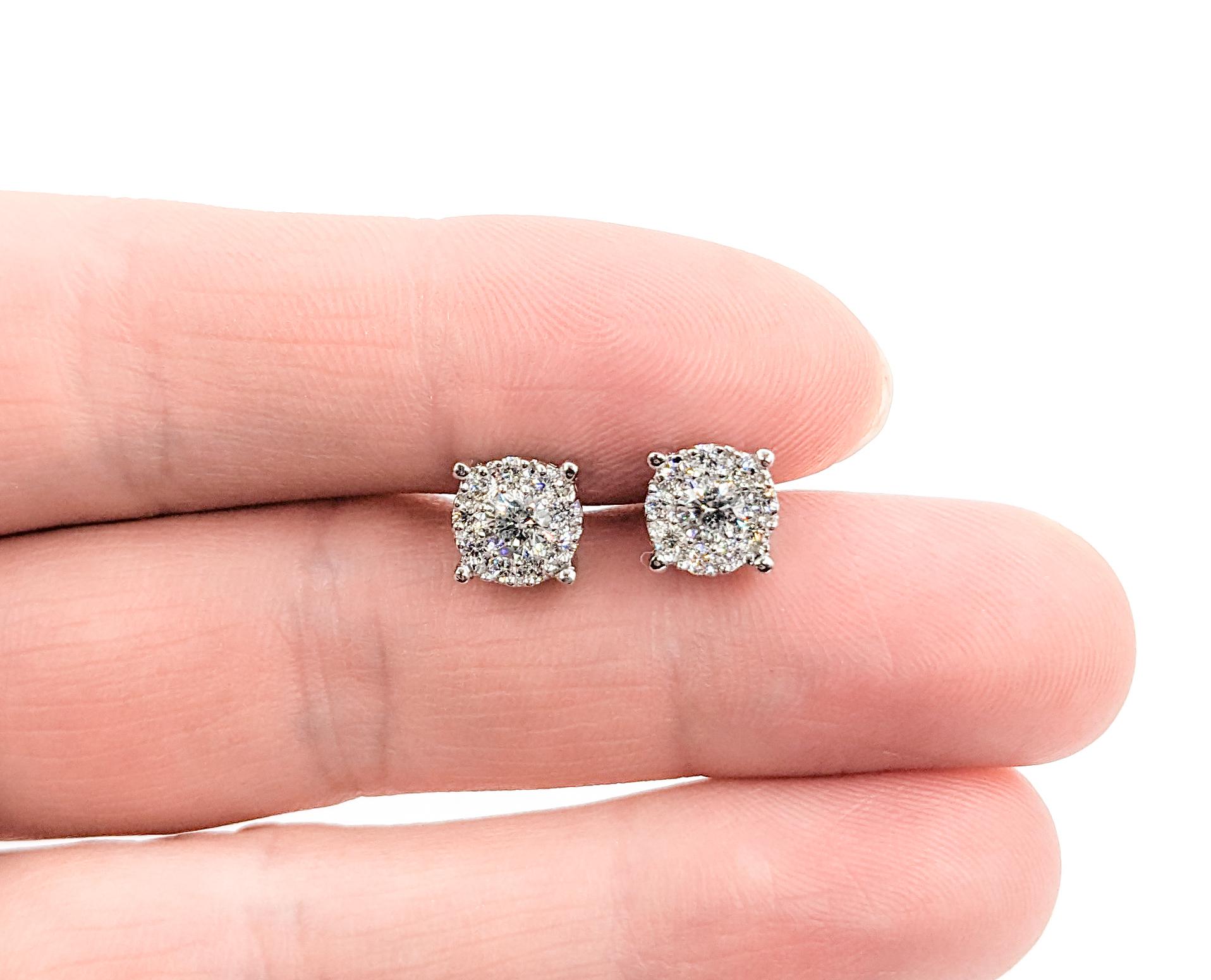 Contemporary .73ctw Diamond Cluster Stud Earrings In White Gold For Sale