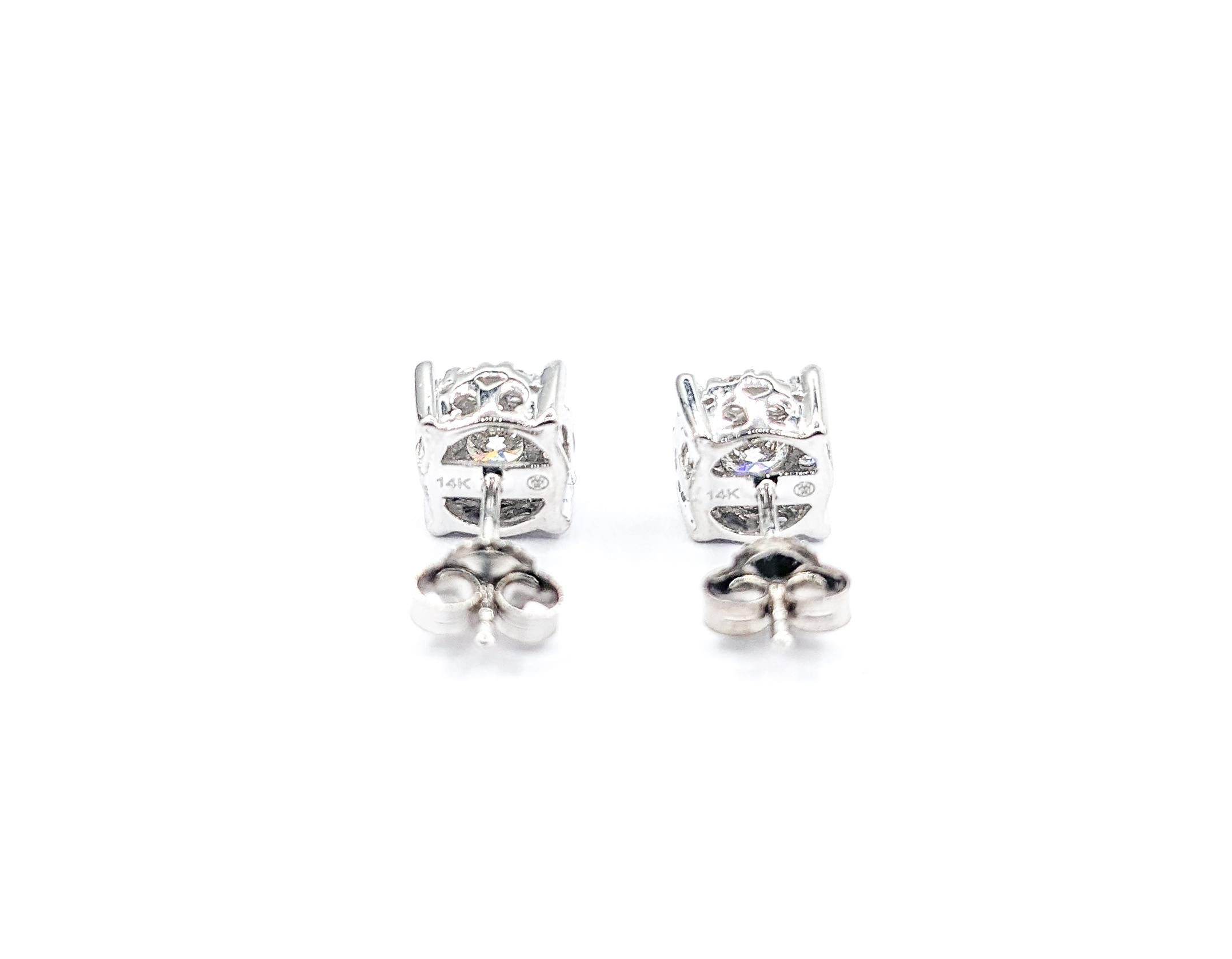 Round Cut .73ctw Diamond Cluster Stud Earrings In White Gold For Sale