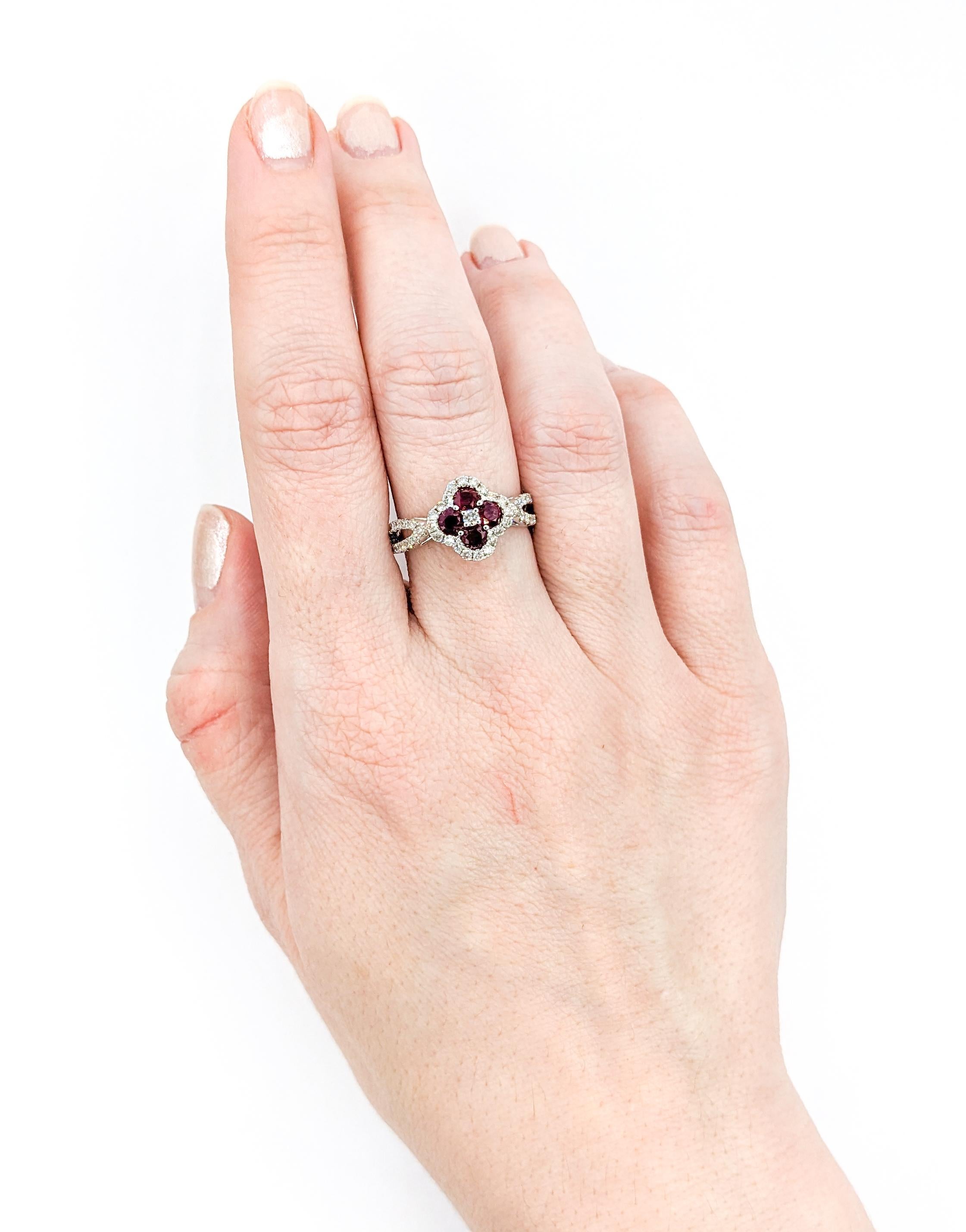 Contemporary .73ctw Ruby & Diamond Ring In White Gold For Sale