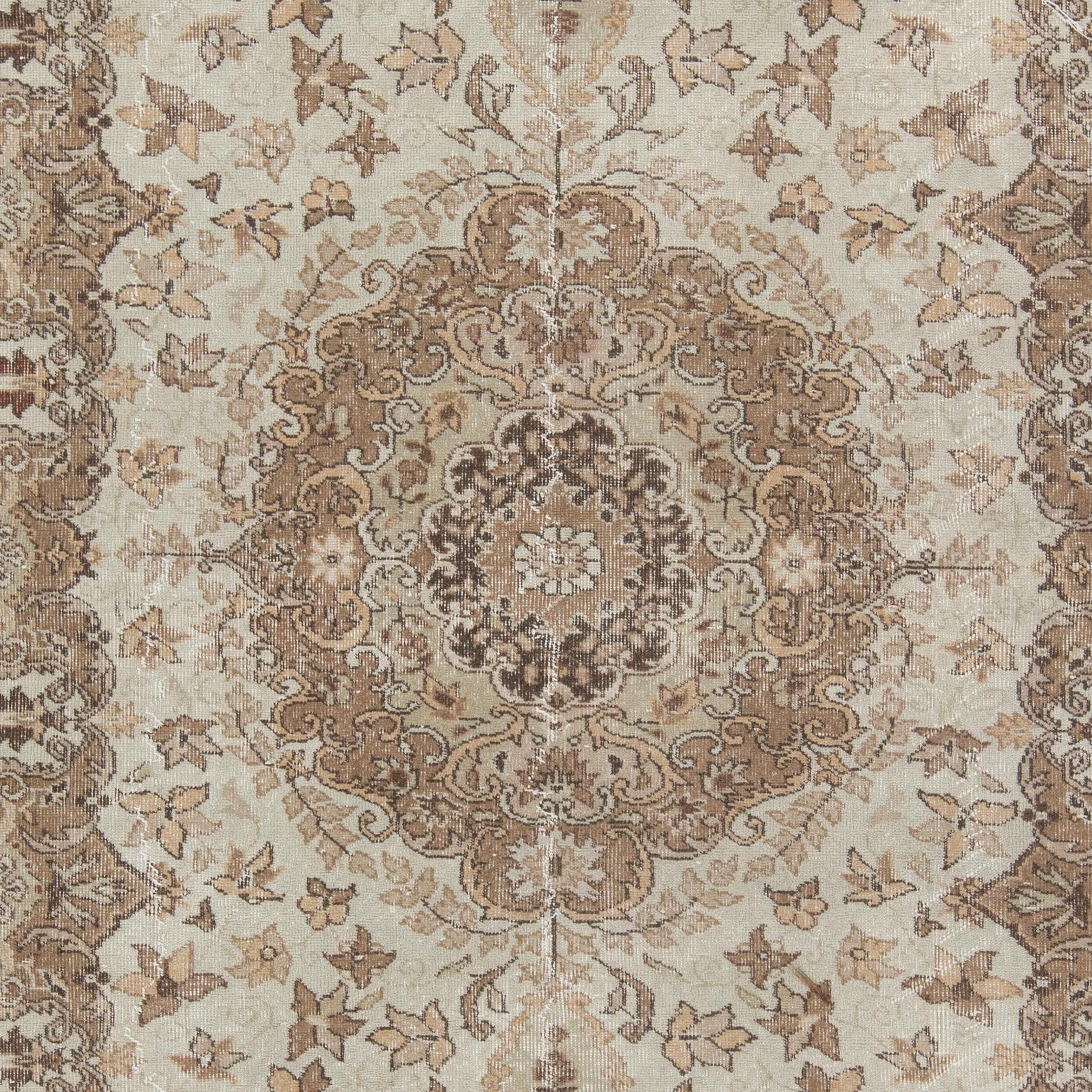 Oushak 7.3x10.5 Ft Mid-20th Century Handmade Shabby Chic Turkish Wool Area Rug in Beige For Sale