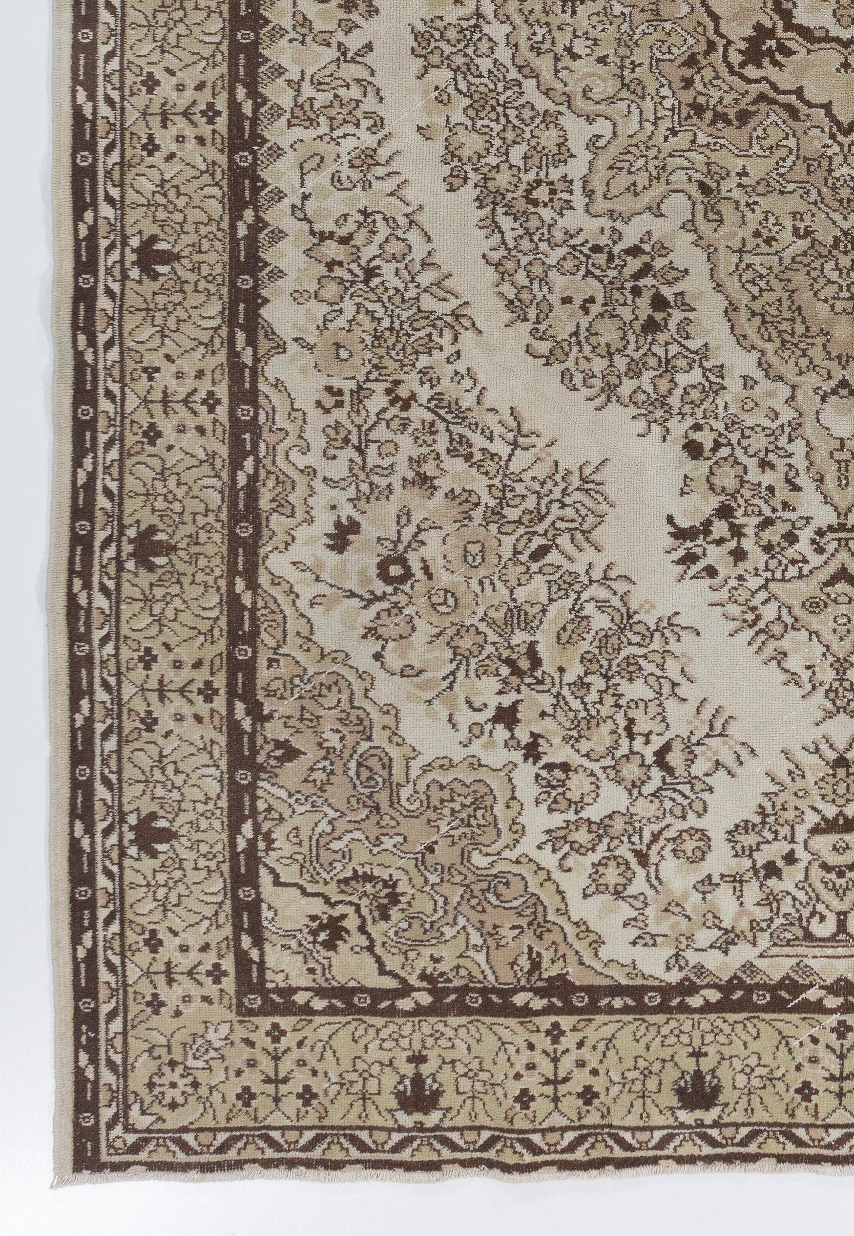 Oushak 7.3x10.5 Ft Handmade Vintage Floral Turkish Wool Area Rug in Neutral Tones For Sale