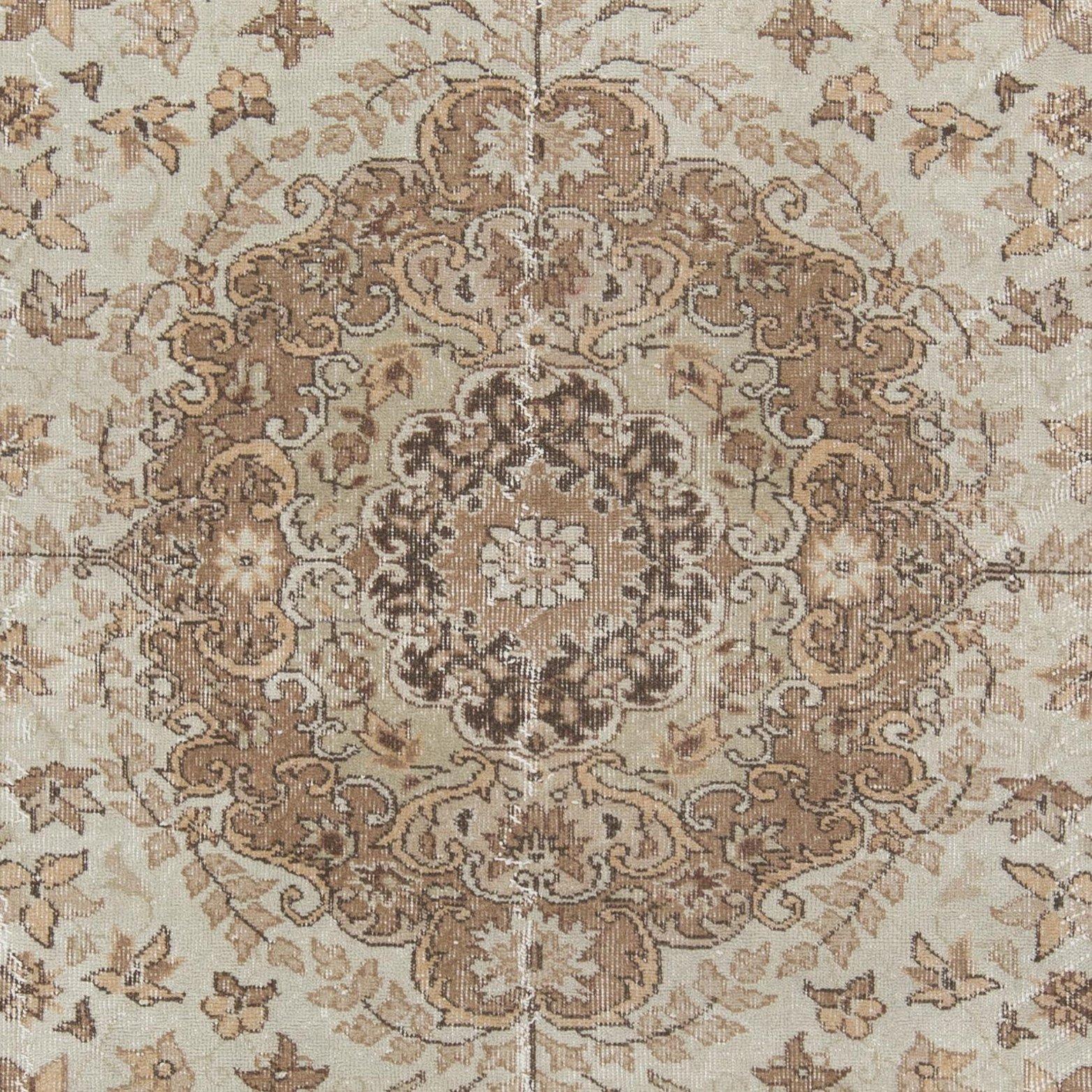 Oushak 7.3x10.5 Ft Vintage Turkish Area Rug in Beige, Handmade Wool 