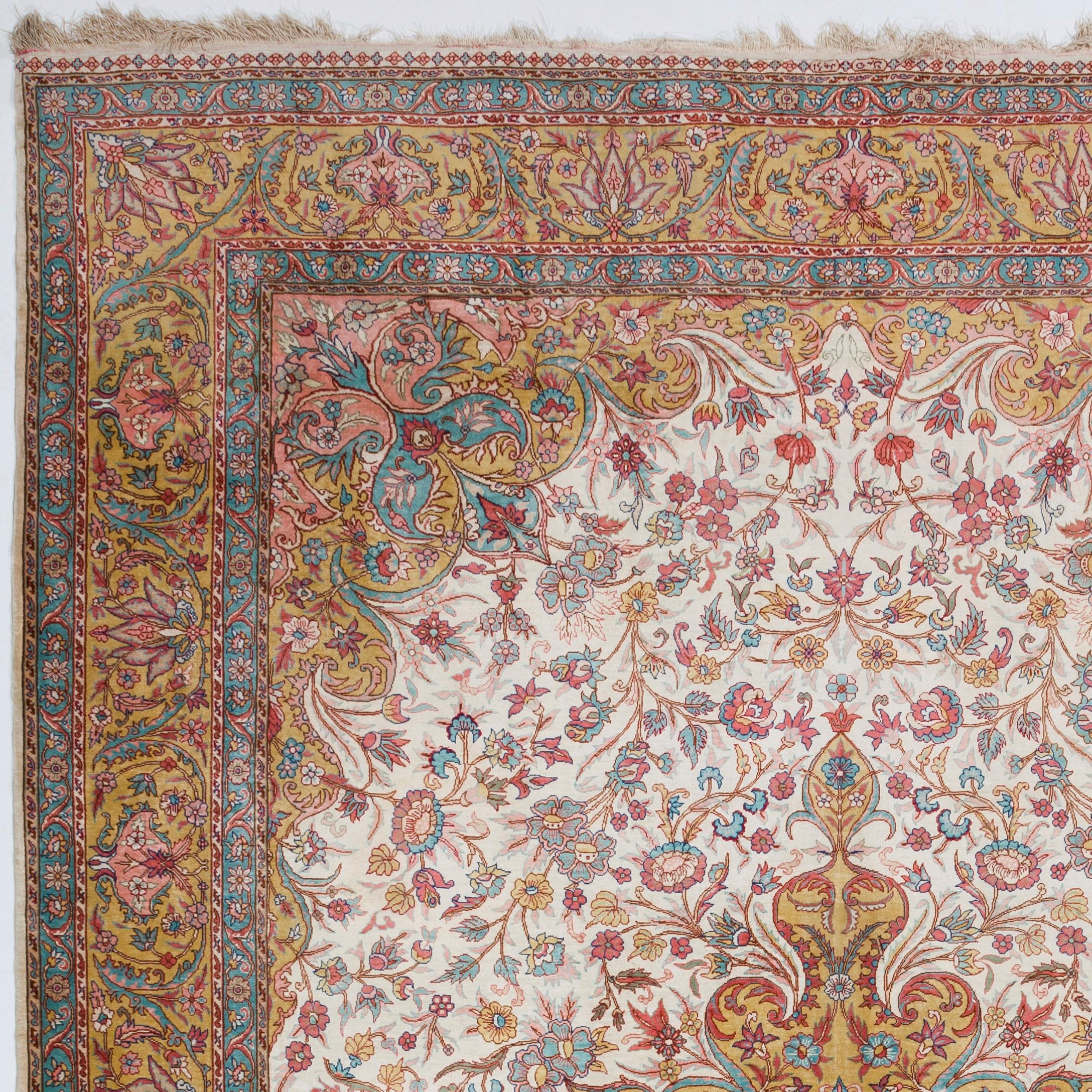 Hand-Knotted 7.3x11 Ft Fine Pure Silk Turkish Rug. Exceptional Work of Floor Art For Sale