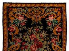7.3x10.9 Ft Hand-Woven Moldovan Wool Kilim. Floral Vintage Bessarabian Tapestry
