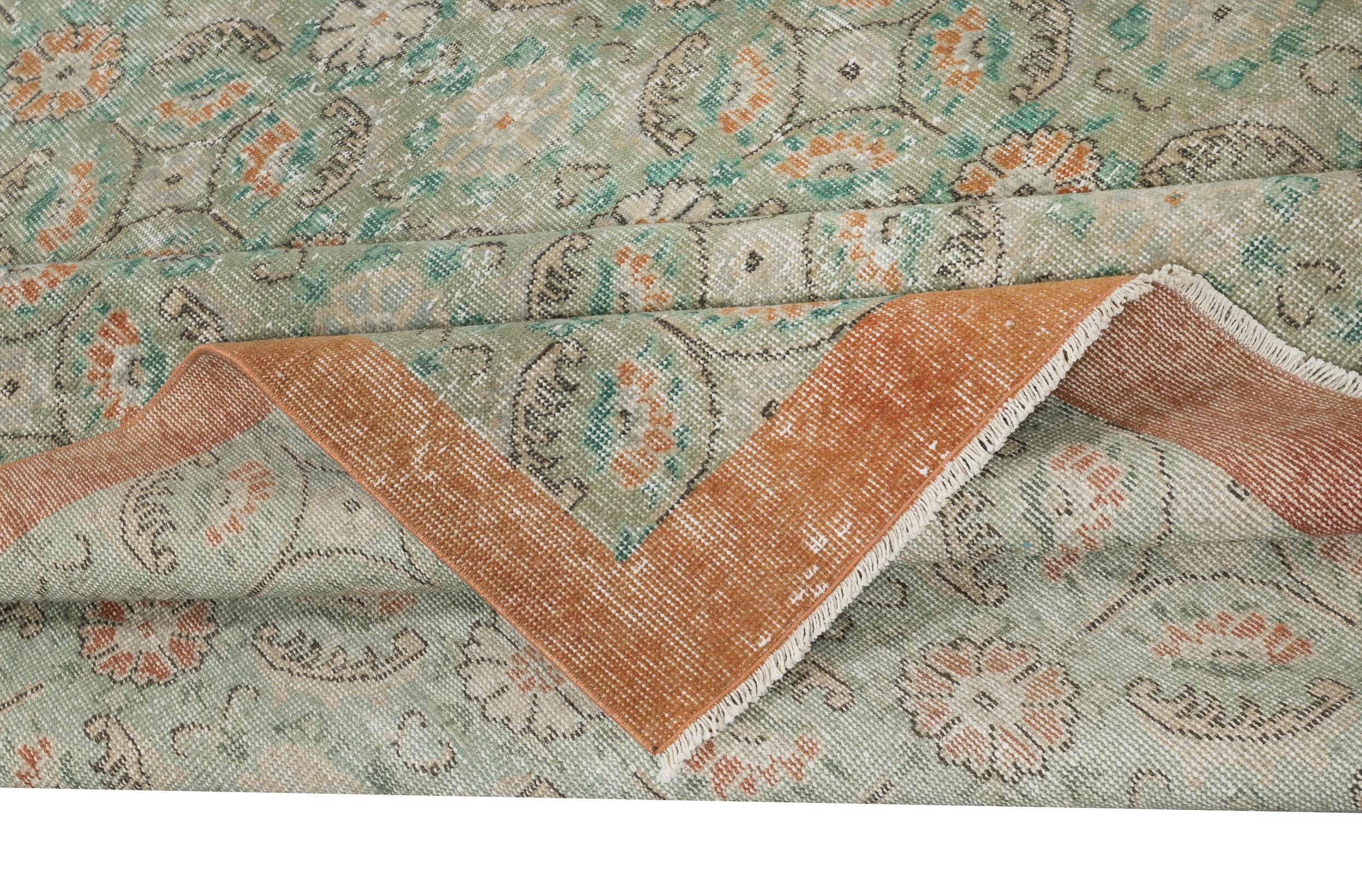 Rustic 7.3x11 Ft Vintage Hand-Made Green Area Rug with Floral Design & Solid Red Border For Sale