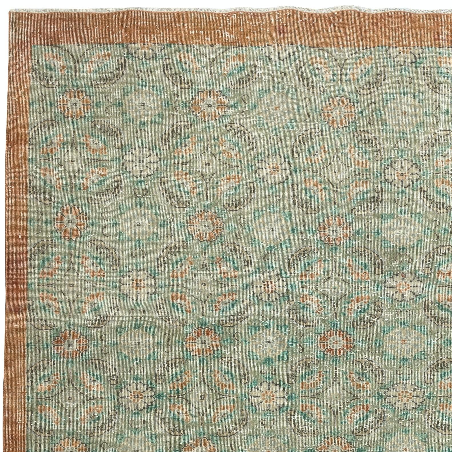 Turkish 7.3x11 Ft Vintage Hand-Made Green Area Rug with Floral Design & Solid Red Border For Sale
