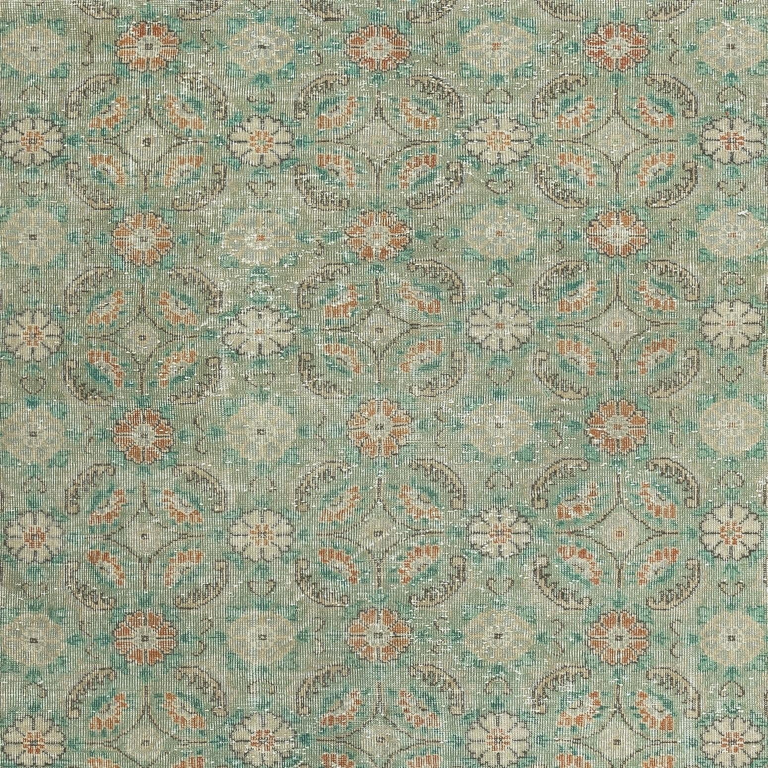 Hand-Knotted 7.3x11 Ft Vintage Hand-Made Green Area Rug with Floral Design & Solid Red Border For Sale