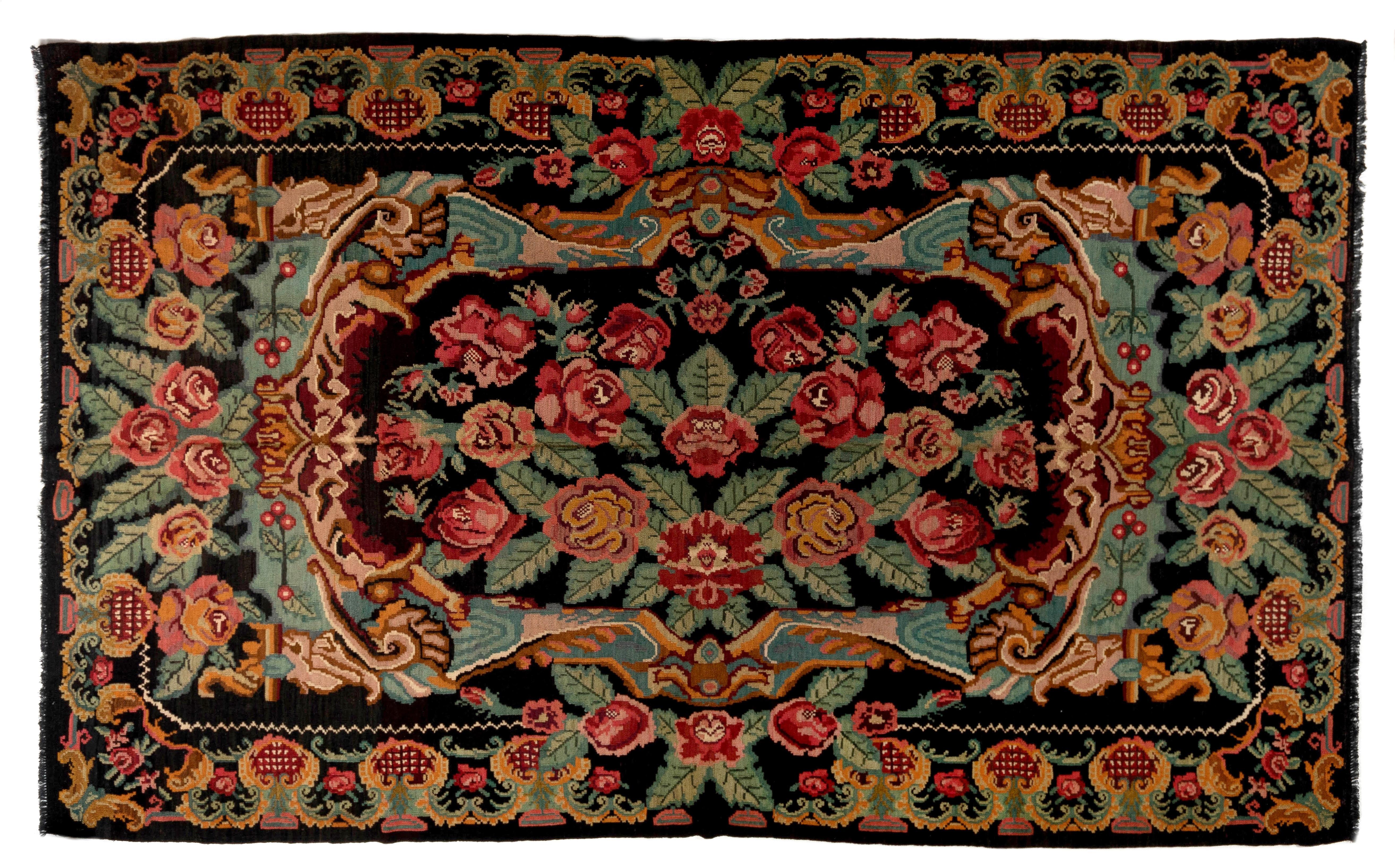 Bohemian 7.3x11.9 Ft Vintage Bessarabian Kilim, Floral Handmade Wool Rug, Moldovan Carpet For Sale