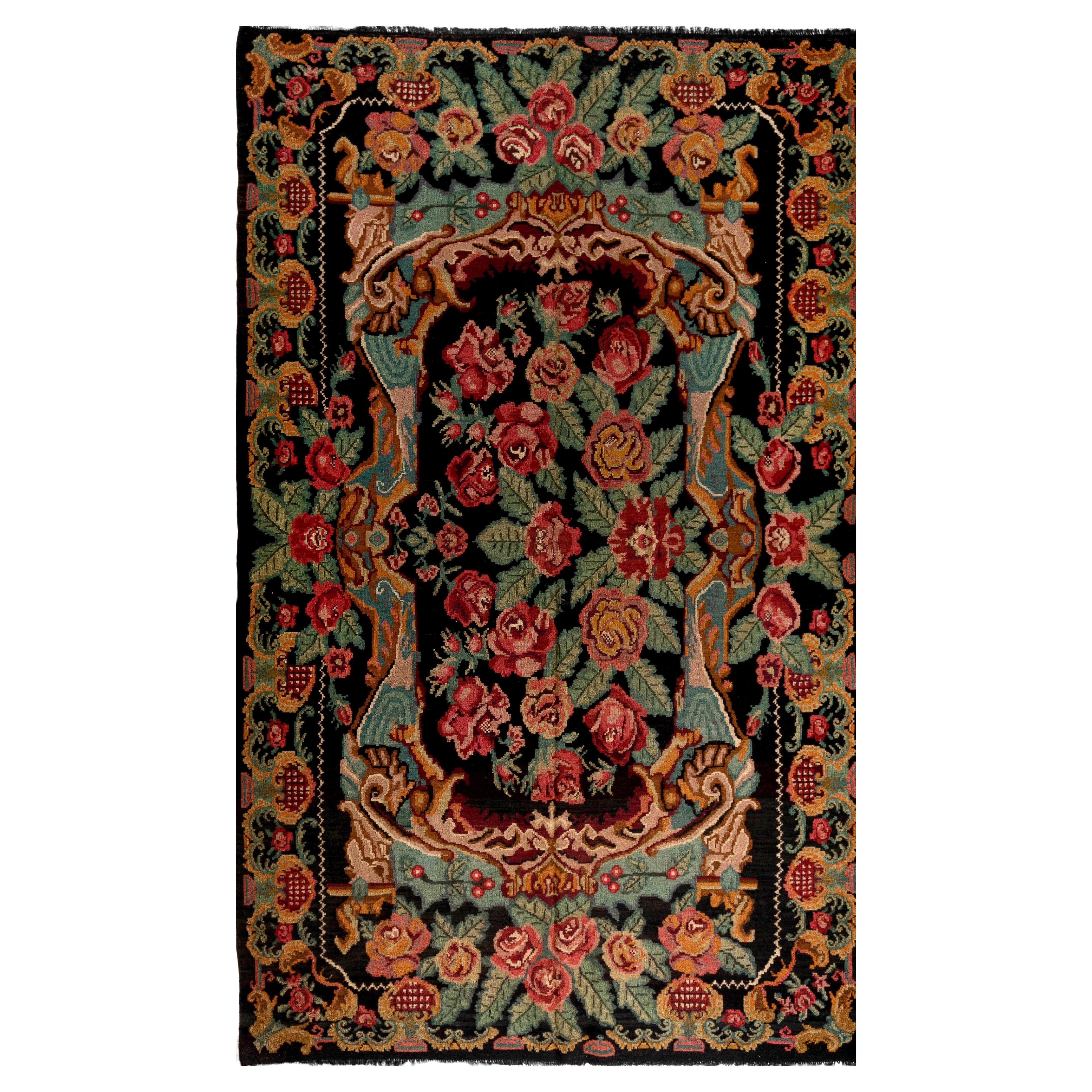 7.3x11.9 Ft Vintage Bessarabian Kilim, Floral Handmade Wool Rug, Moldovan Carpet For Sale