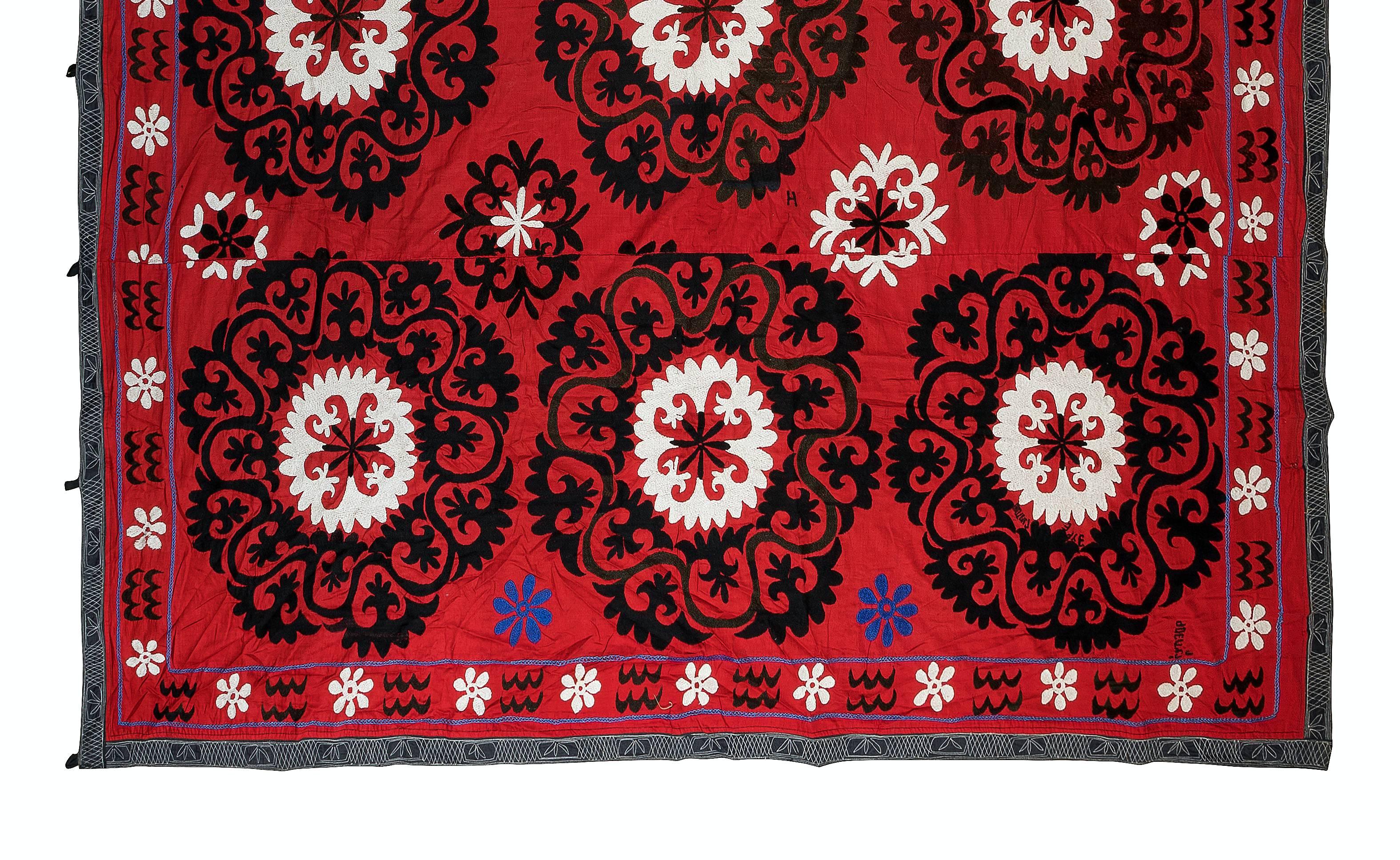 Embroidered Vintage Silk Embroidery Bed Cover, Uzbek Suzani Wall Hanging in Red For Sale