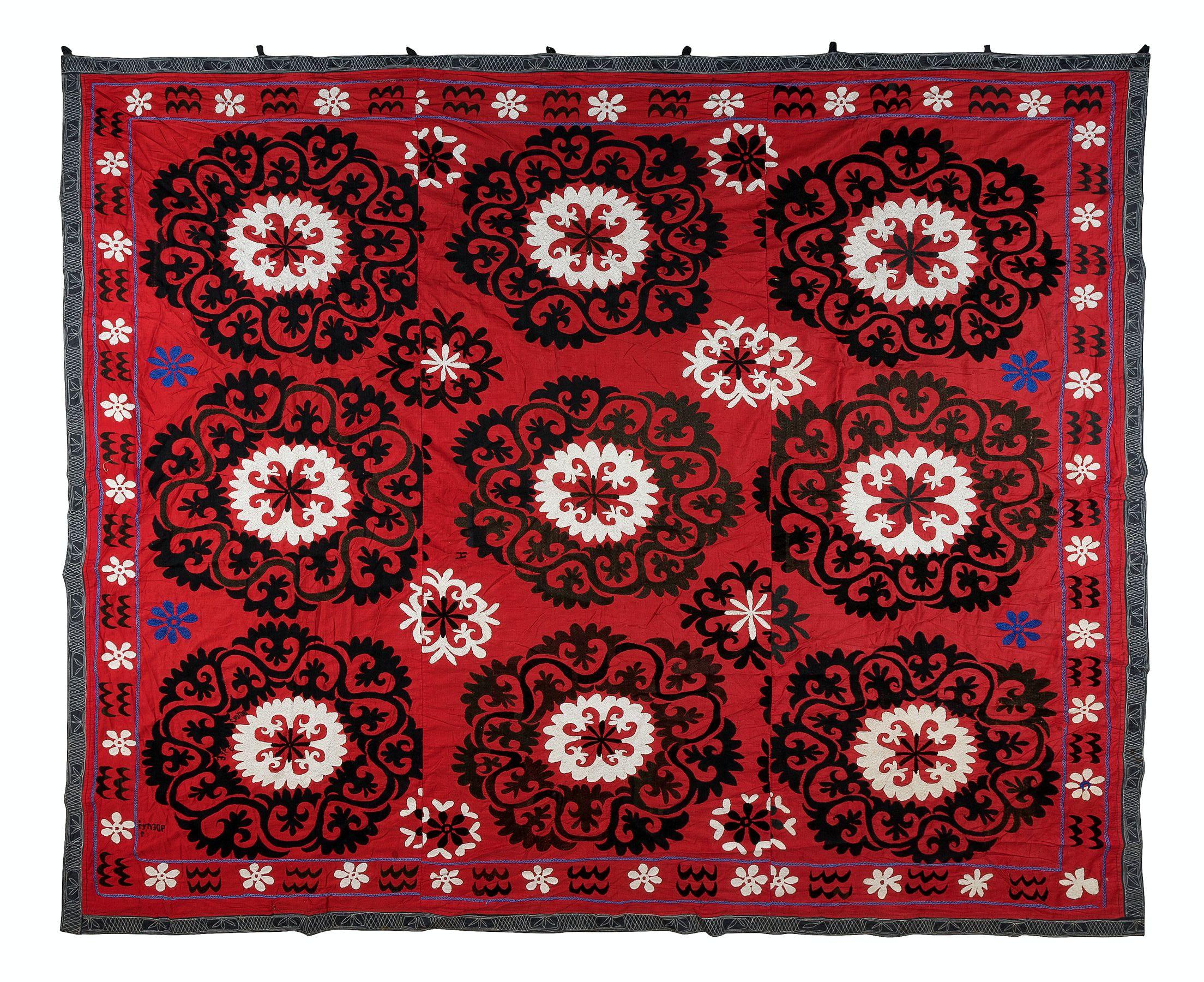 20th Century Vintage Silk Embroidery Bed Cover, Uzbek Suzani Wall Hanging in Red For Sale