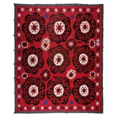 Vintage Silk Embroidery Bed Cover, Uzbek Suzani Wall Hanging in Red