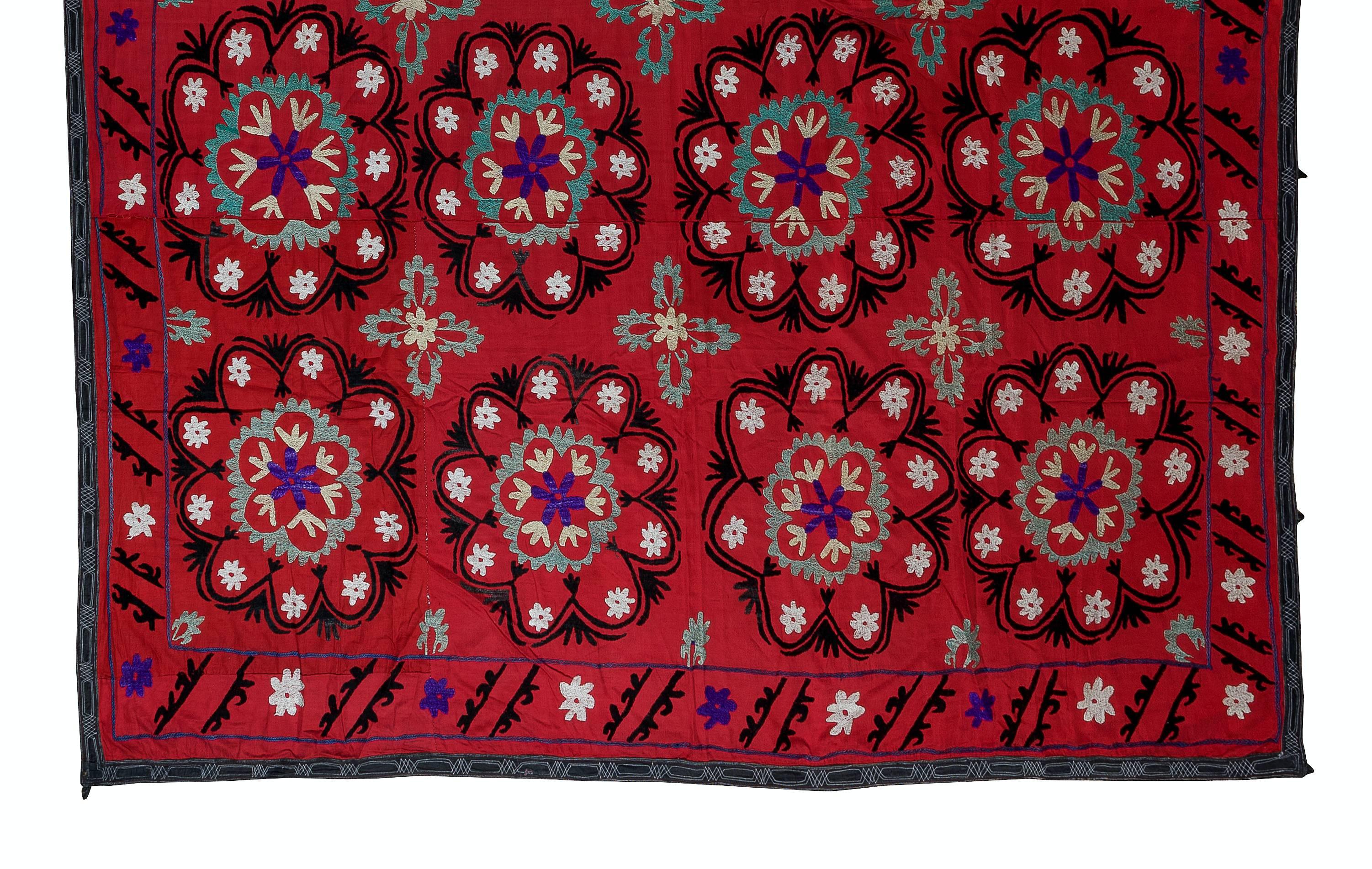 Embroidered Vintage Silk Hand Embroidery Bedspread, Uzbek Suzani Fabric Throw For Sale