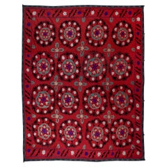 Vintage Silk Hand Embroidery Bedspread, Uzbek Suzani Fabric Throw