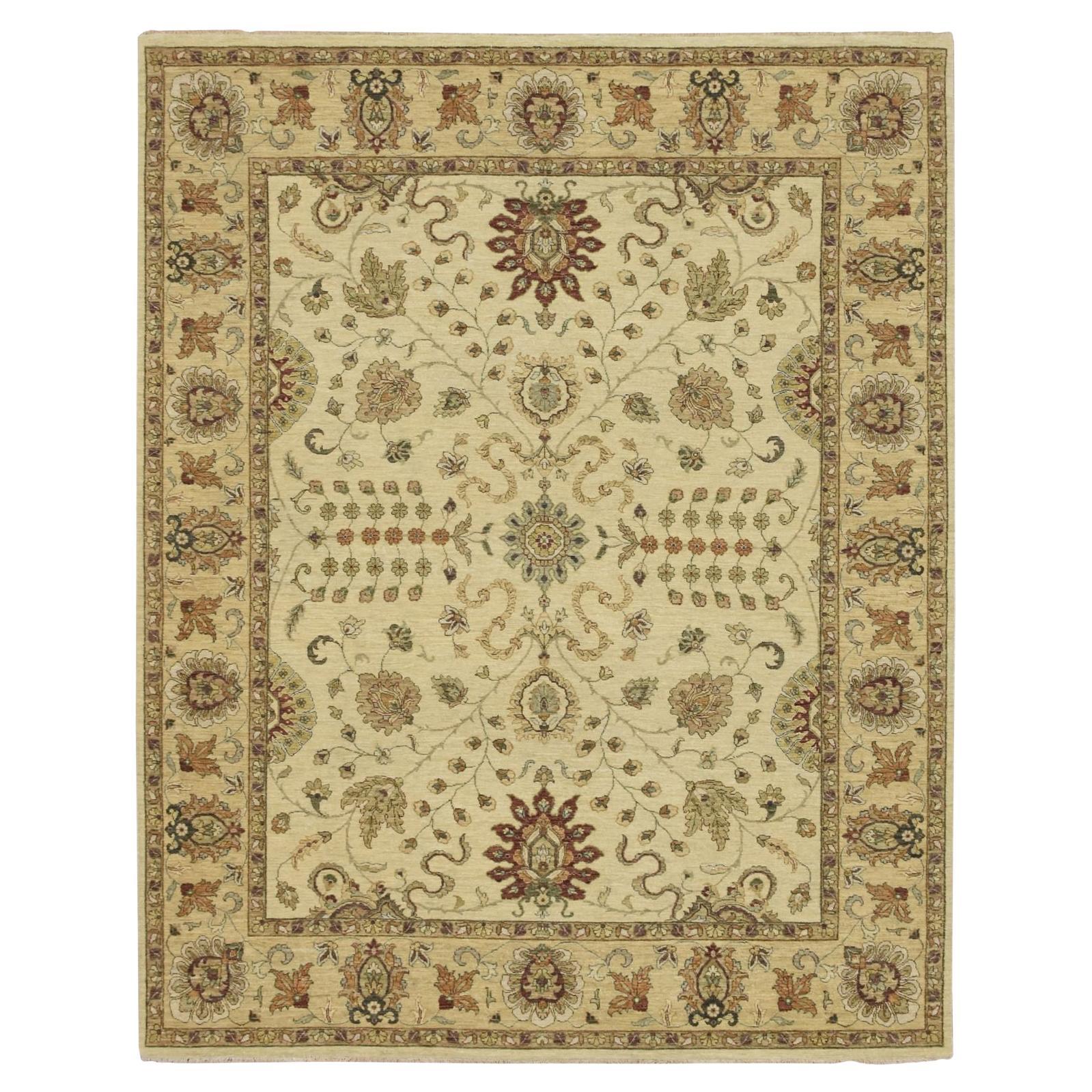 7'3 "x9'1" Ivory Agra with Ziegler Design/One Leaf Pattern Tapis en pure laine noué à la main