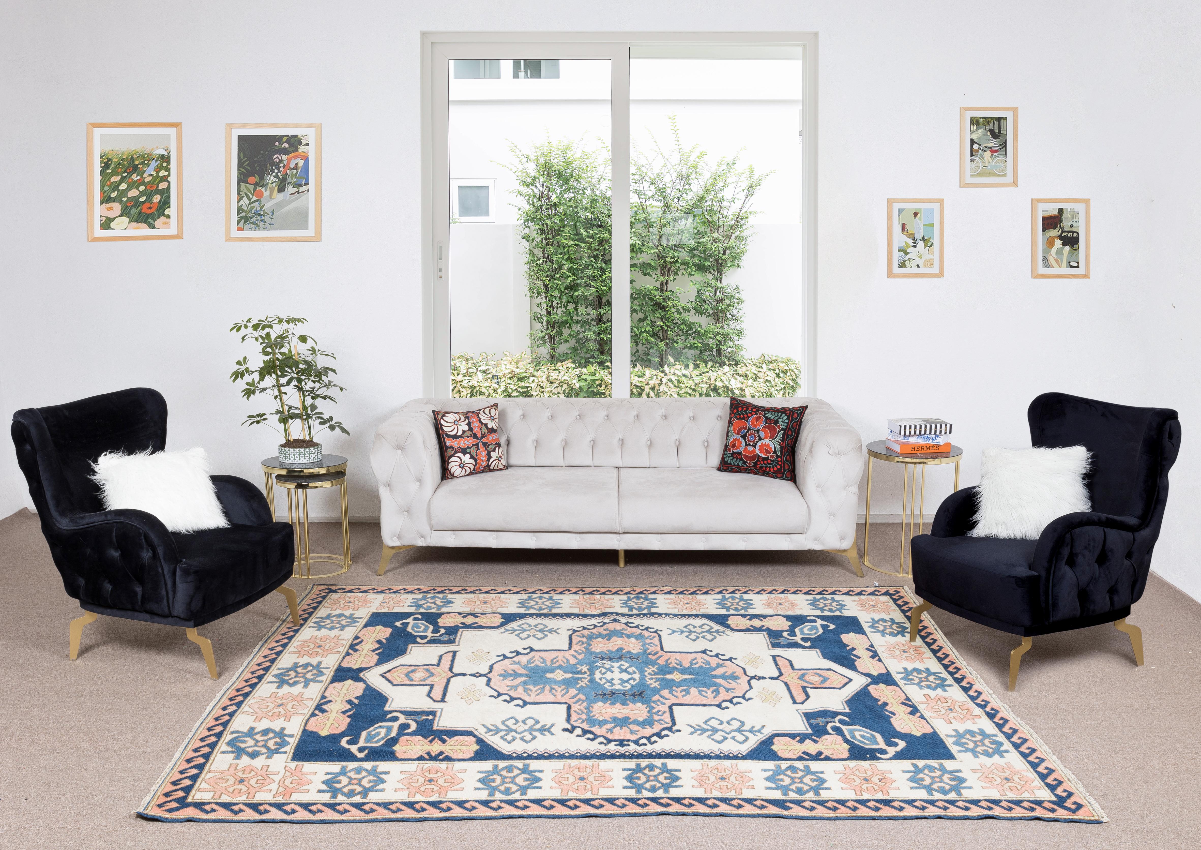 7.3x9.2 Ft Dekorativer türkischer Teppich, handgeknüpfter, geometrischer Teppich, 100 % Wolle (Türkisch) im Angebot